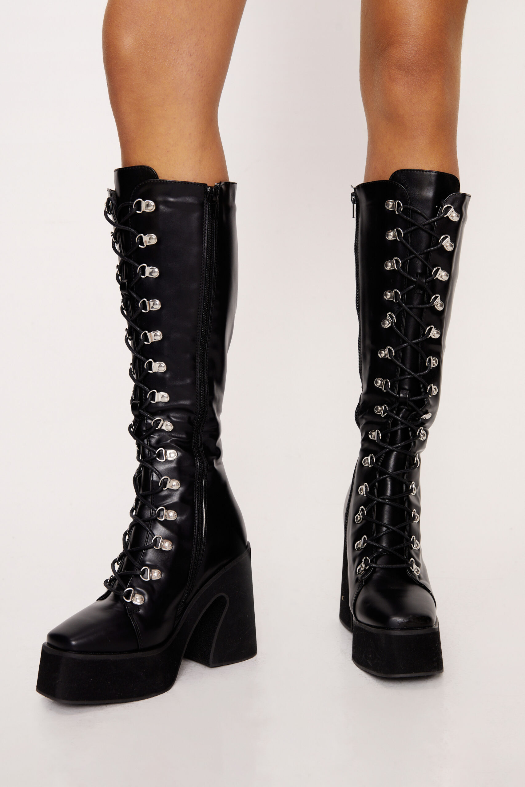 Faux Leather Chunky Knee High Platform Boots