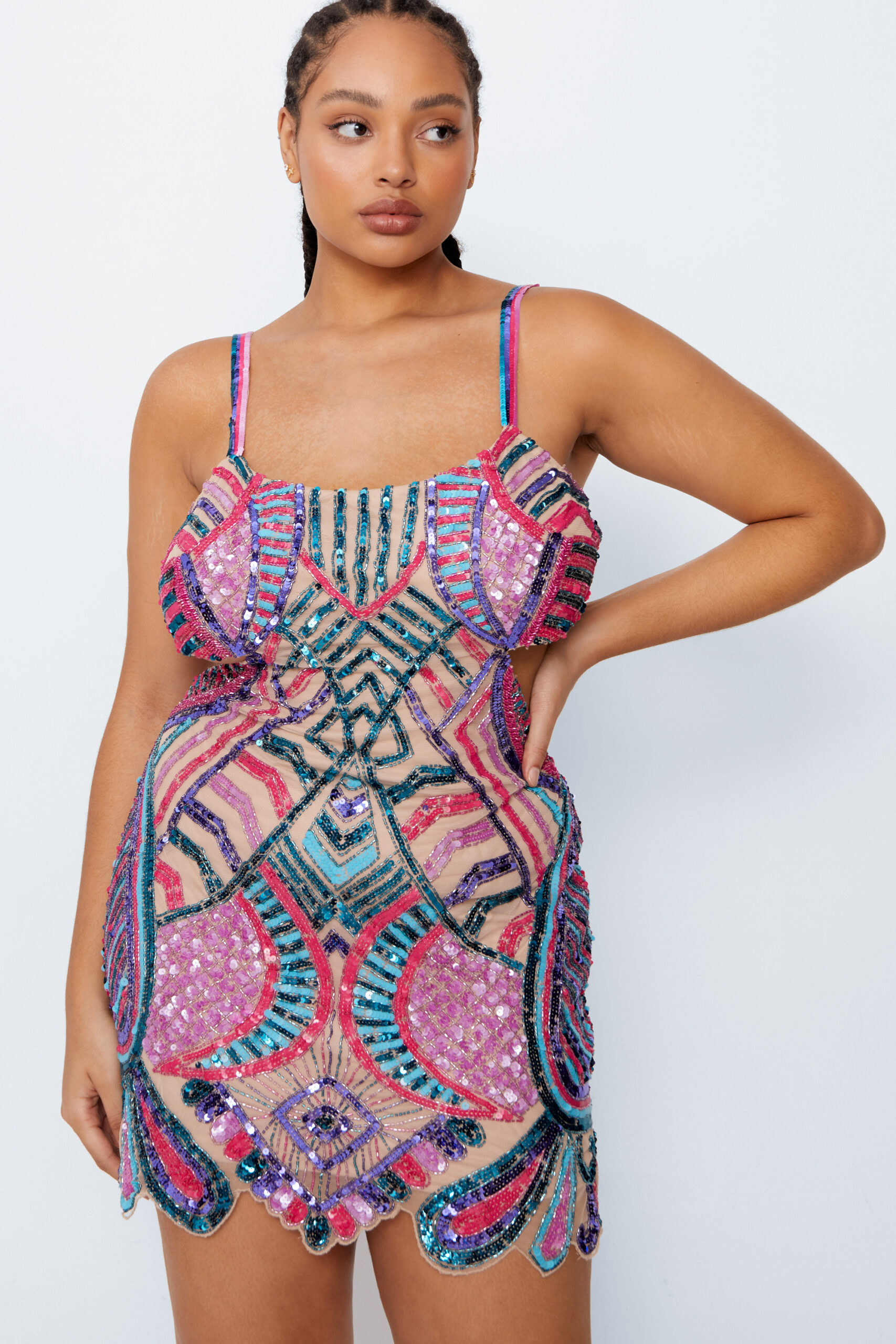 Plus Size Abstract Embellished Cut Out Mini Dress