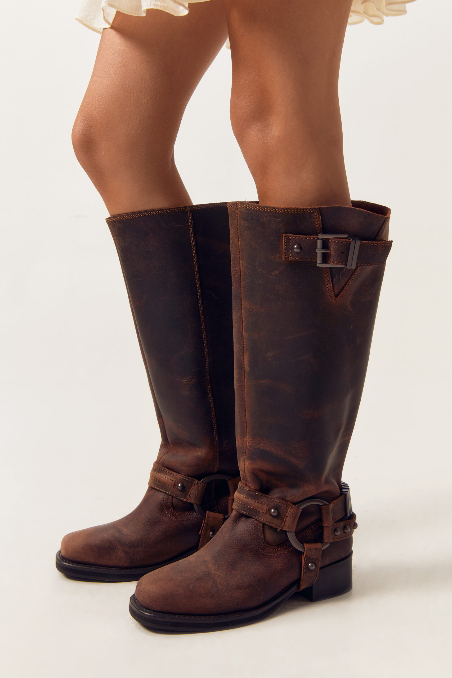 Tarnished Leather Buckle Harness Knee High Boots