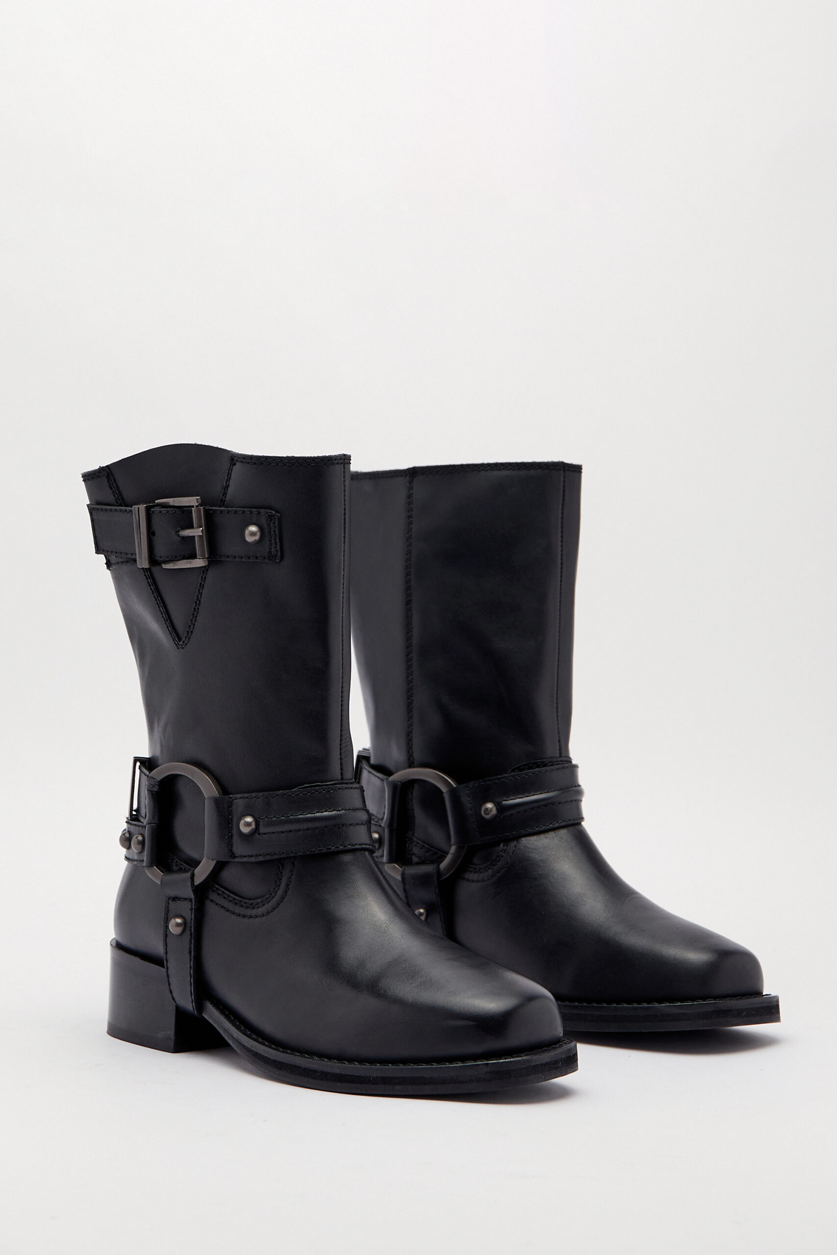 Tarnished Leather Buckle Harness Ankle Boots