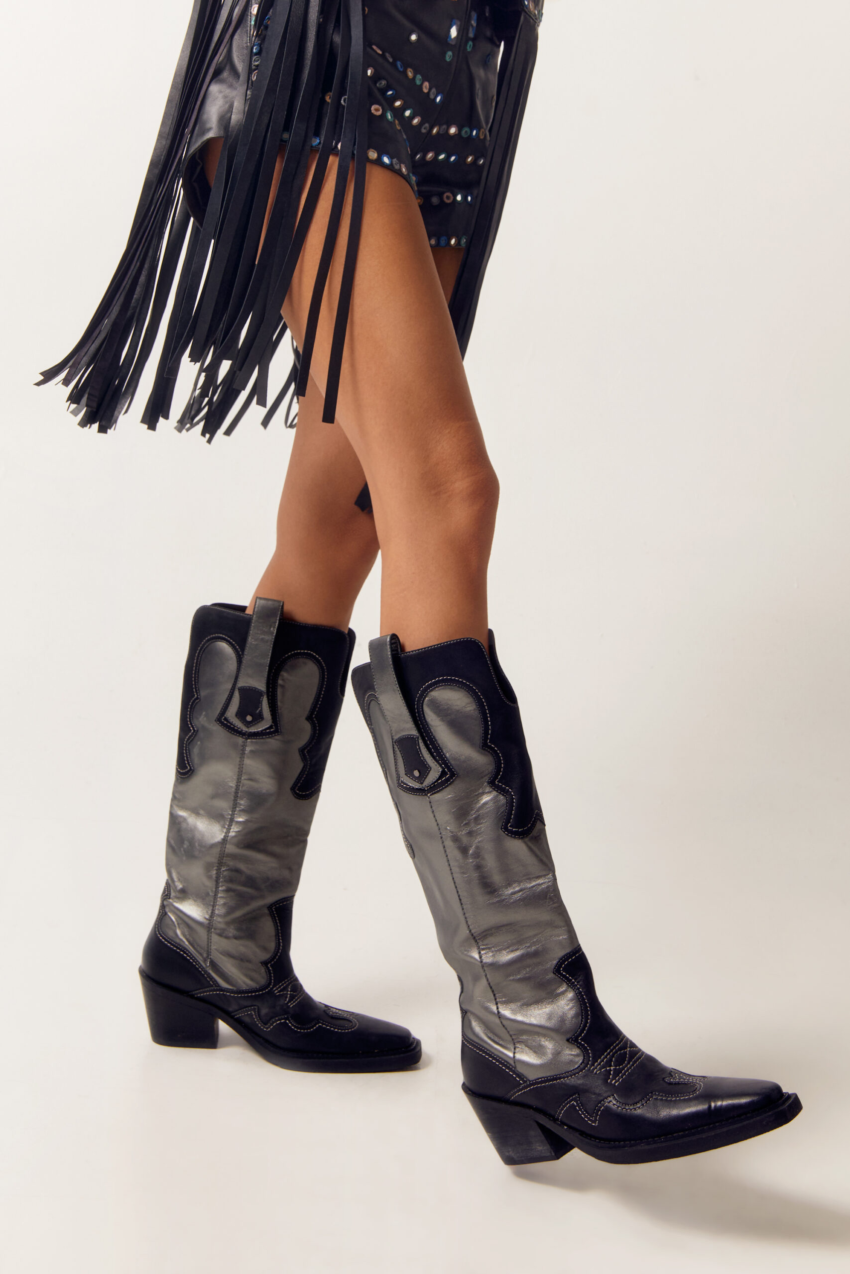 Real Leather Metallic Color Block Cowboy Boots