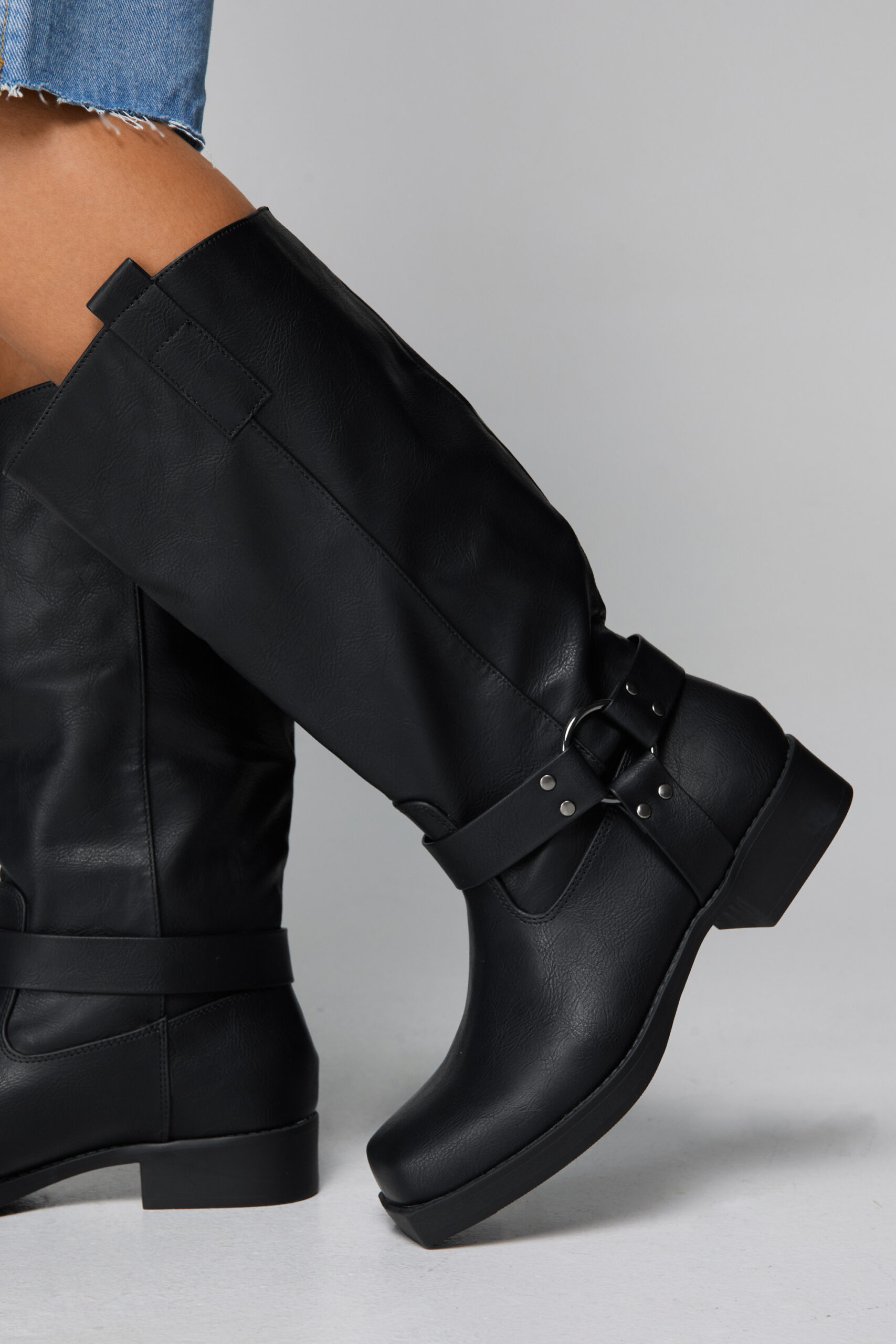 Faux Leather Buckle Detail Square Toe Knee High Boots