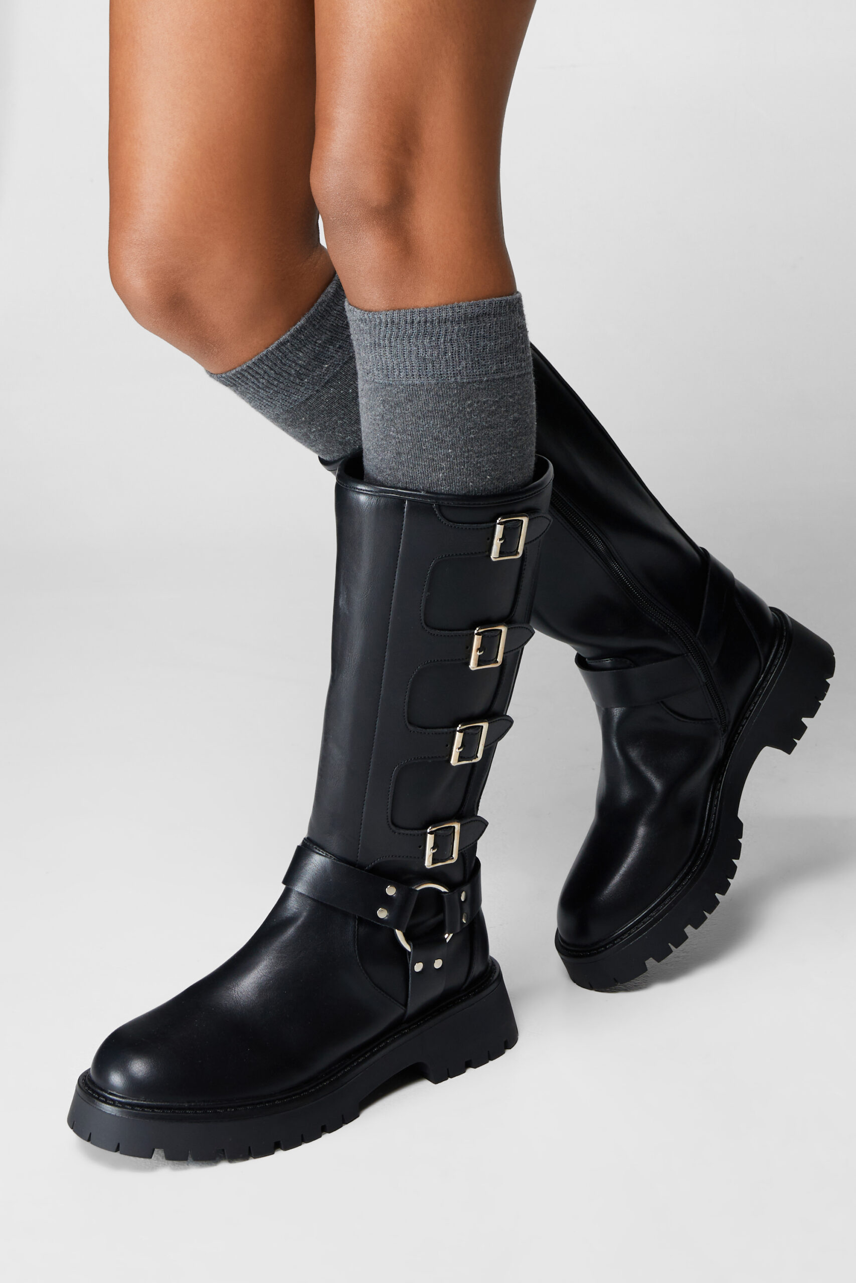 Faux Leather Buckle Knee High Boots