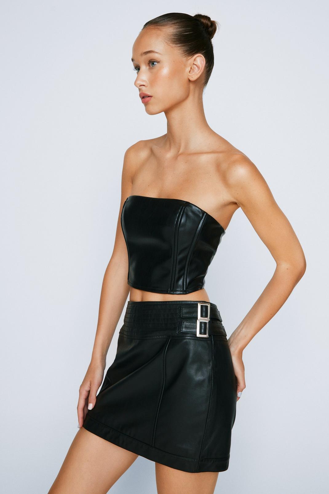 Buckle Detail Real Leather Mini Skirt