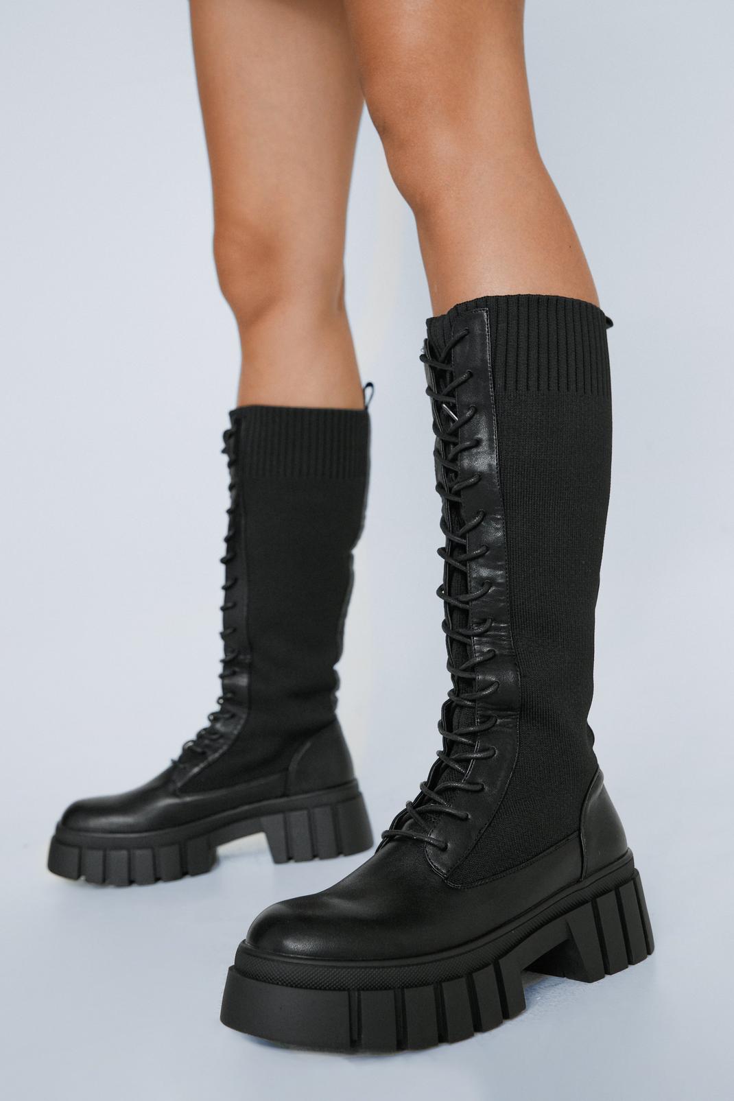 Knee High Stretch Knit Combat Boots