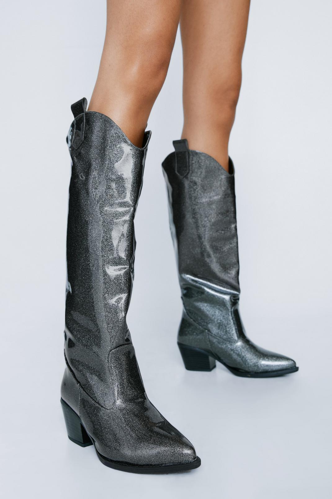 Patent Glitter Knee High Cowboy Boots