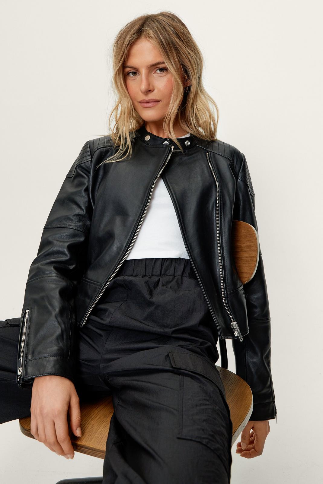 Real Leather Quilted Collarless Jacket