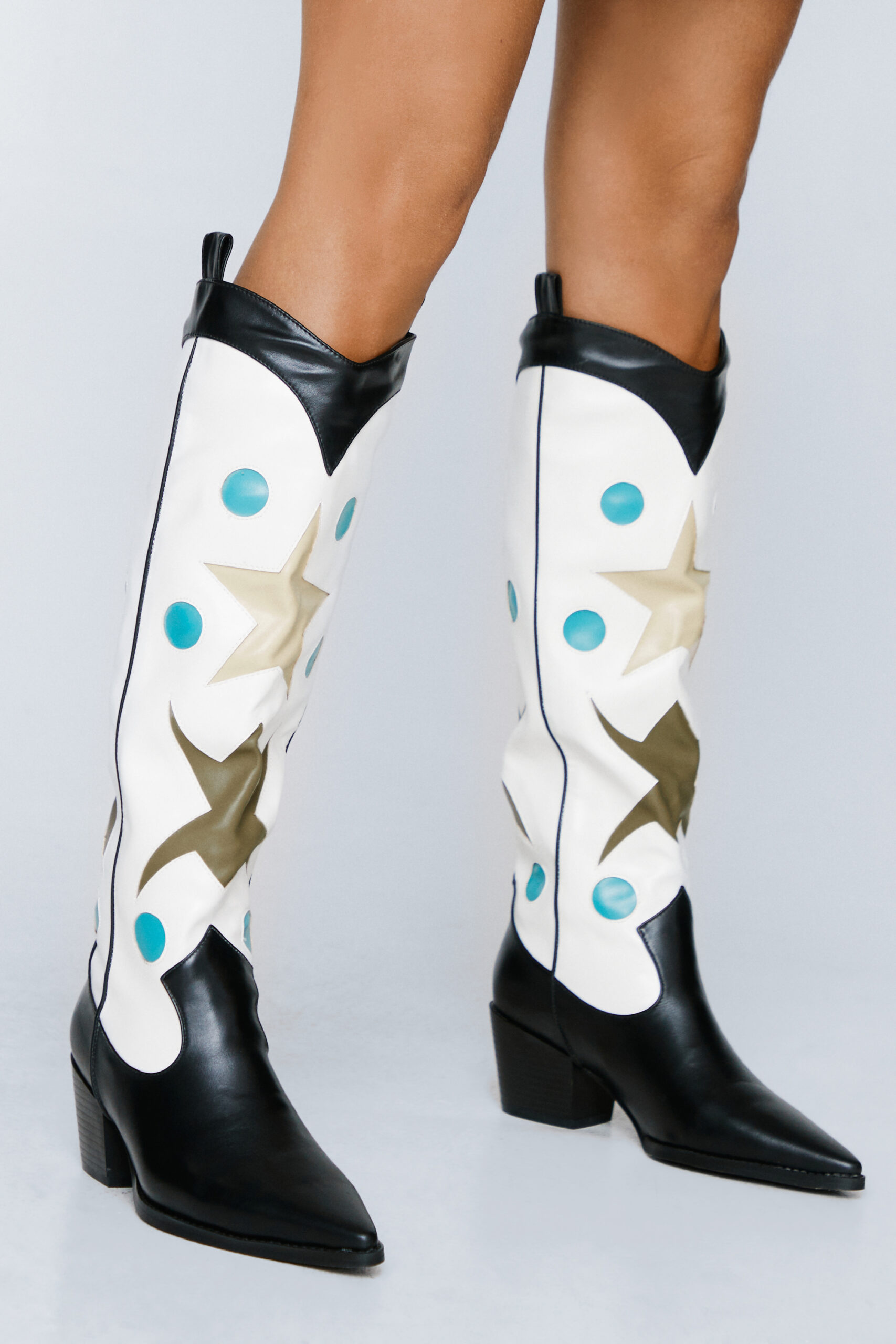 Faux Leather Star Knee High Cowboy Boots