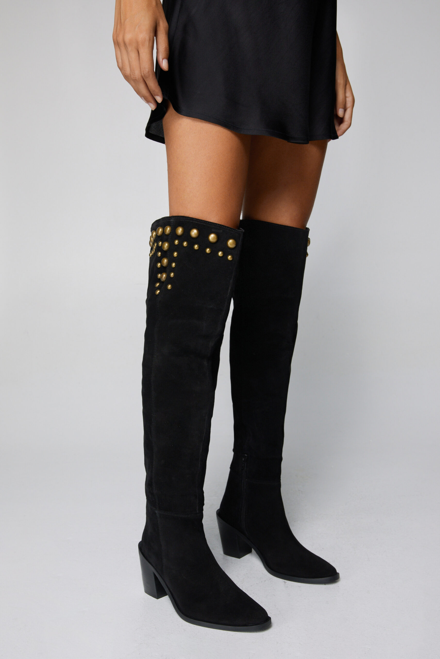 Real Suede Slouchy Studded Thigh High Boots