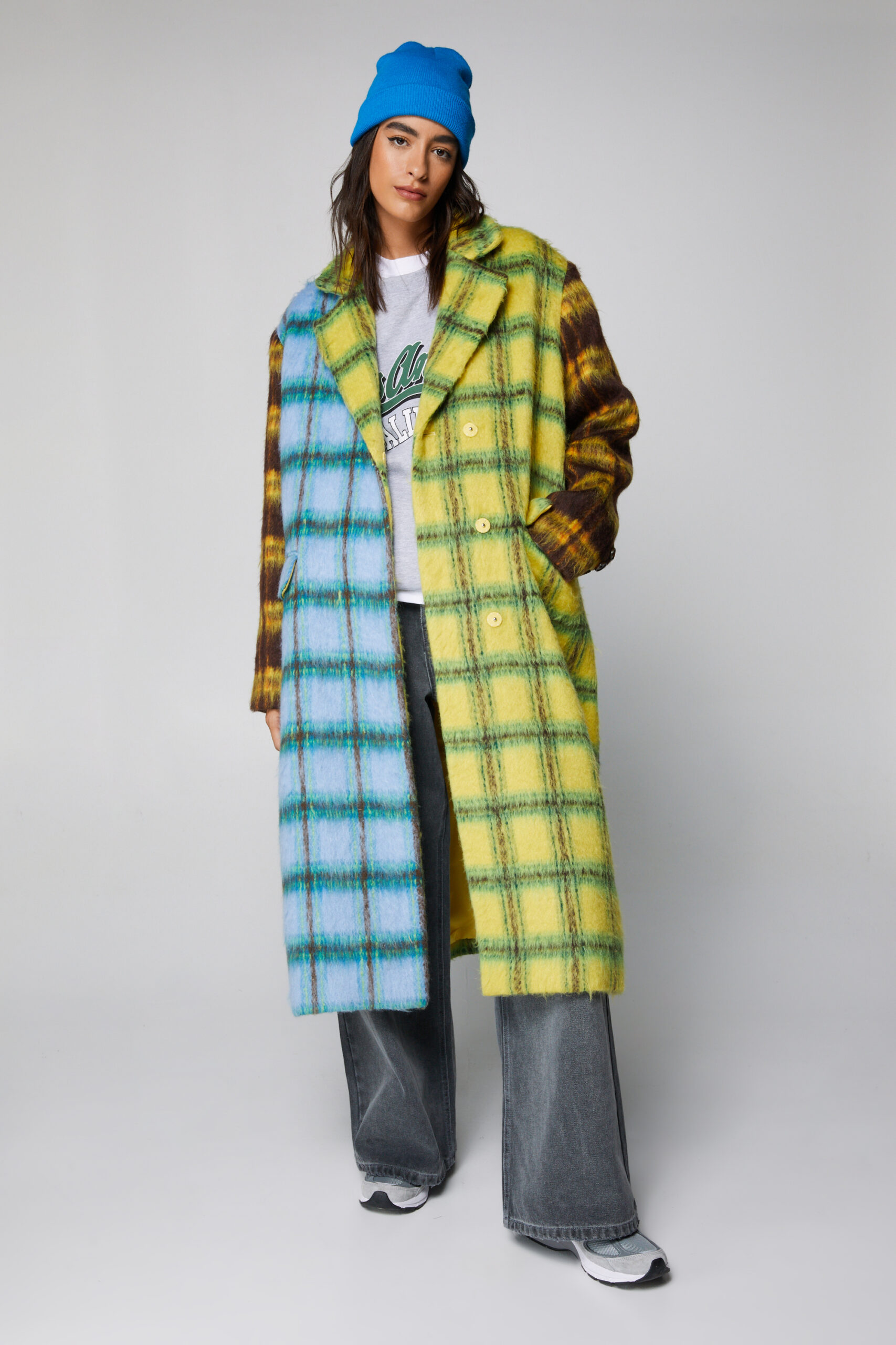 Wool Look Contrast Plaid Panelled Coat