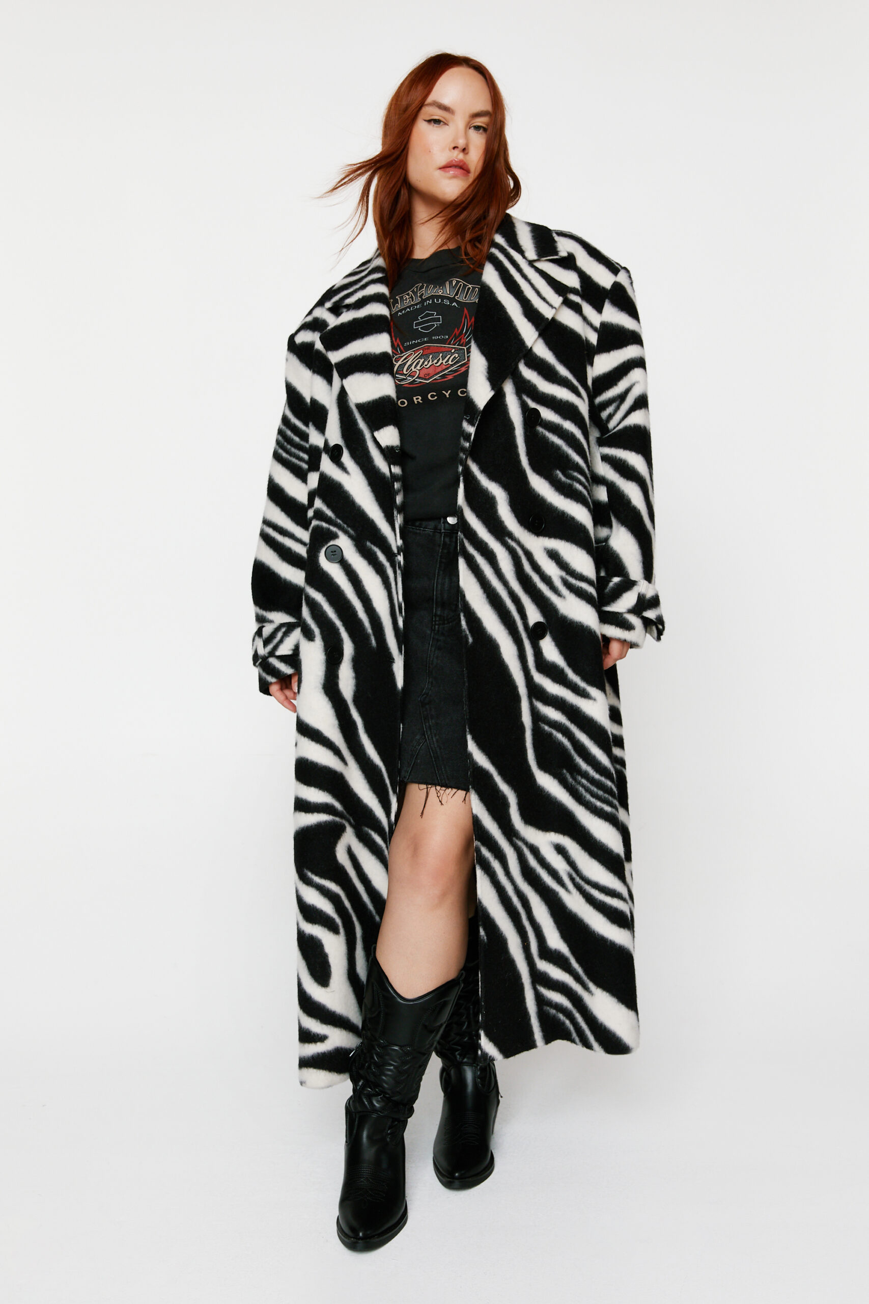 Plus Size Zebra Print Wool Blend Tailored Coat