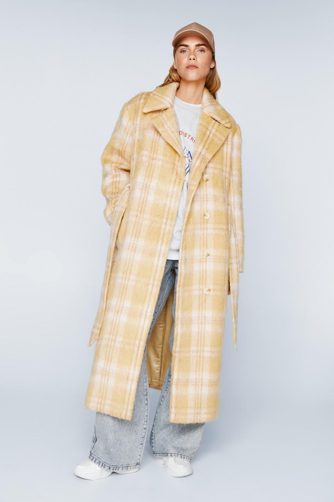 Check Print Wool Blend Robe Coat