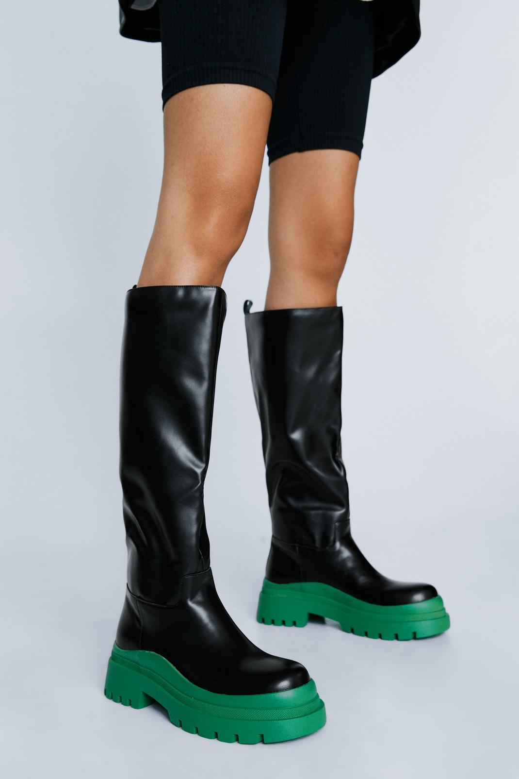 Faux Leather Contrast Knee High Boots