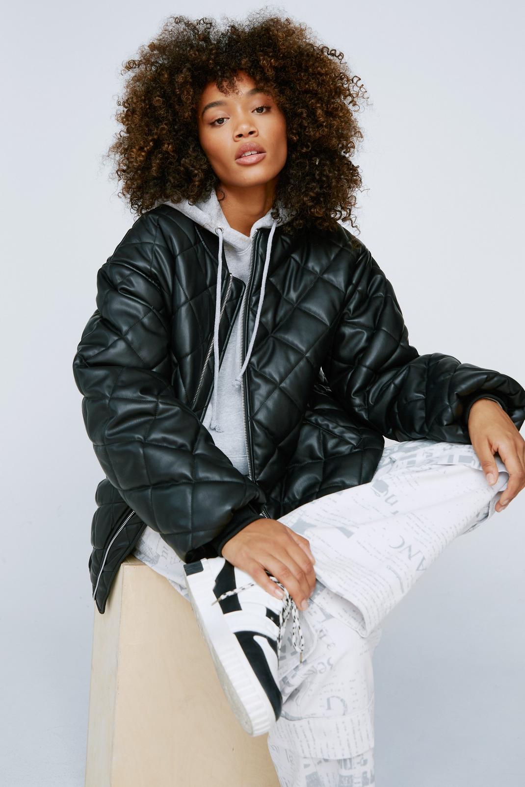 Quilted Faux Leather Bomber Puffer Jacket