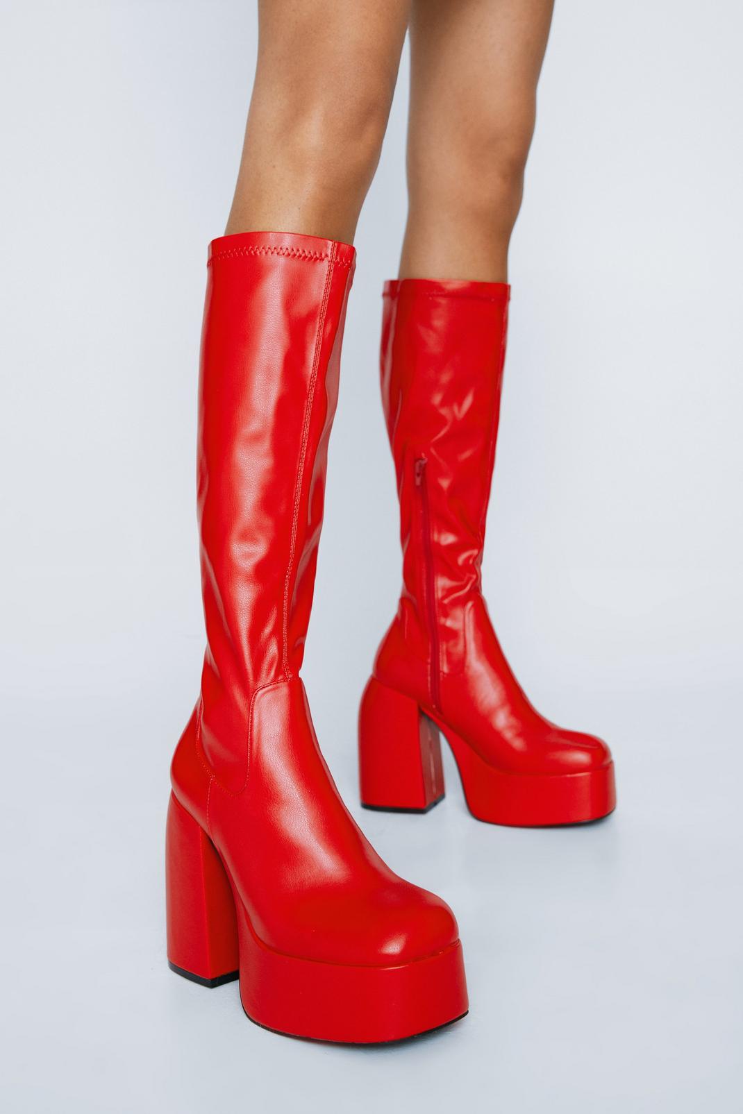 Red Faux Leather Knee High Platform Boots