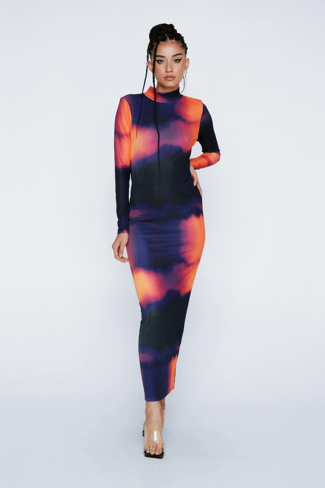 Abstract Print Roll Neck Maxi Dress