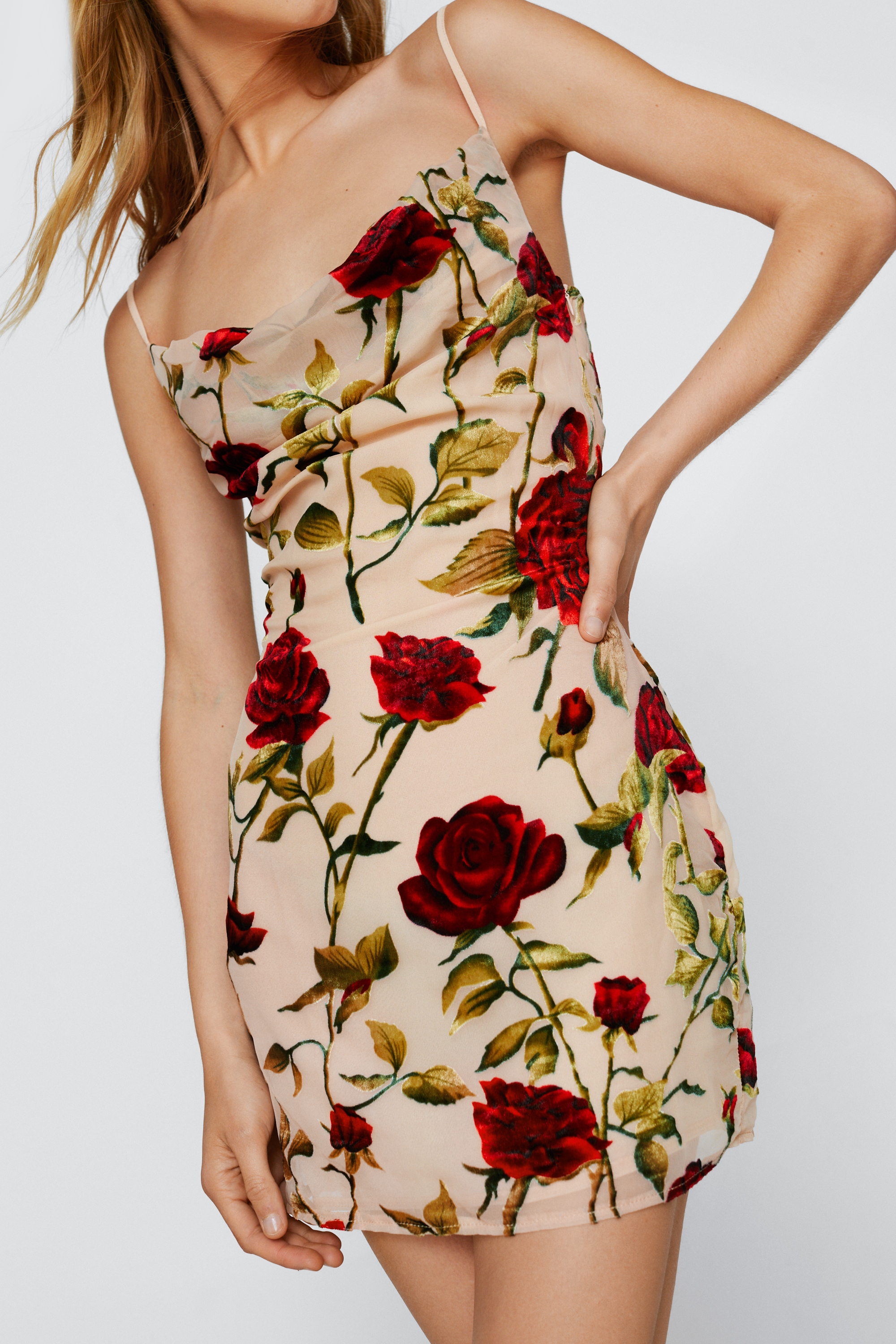 Rose Floral Devore Cowl Slip Mini Dress