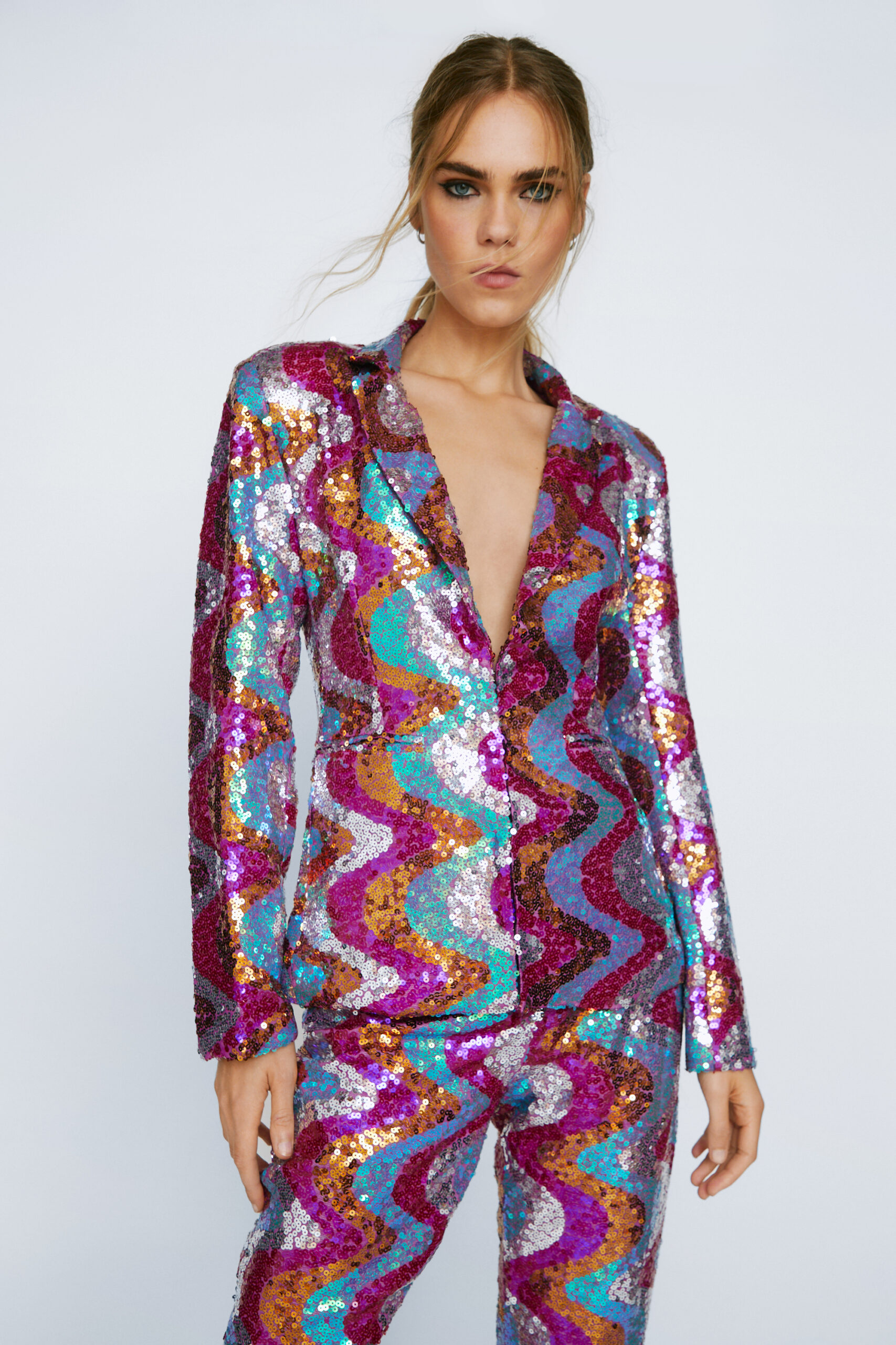Wave Sequin Single Breasted Cinched Blazer 