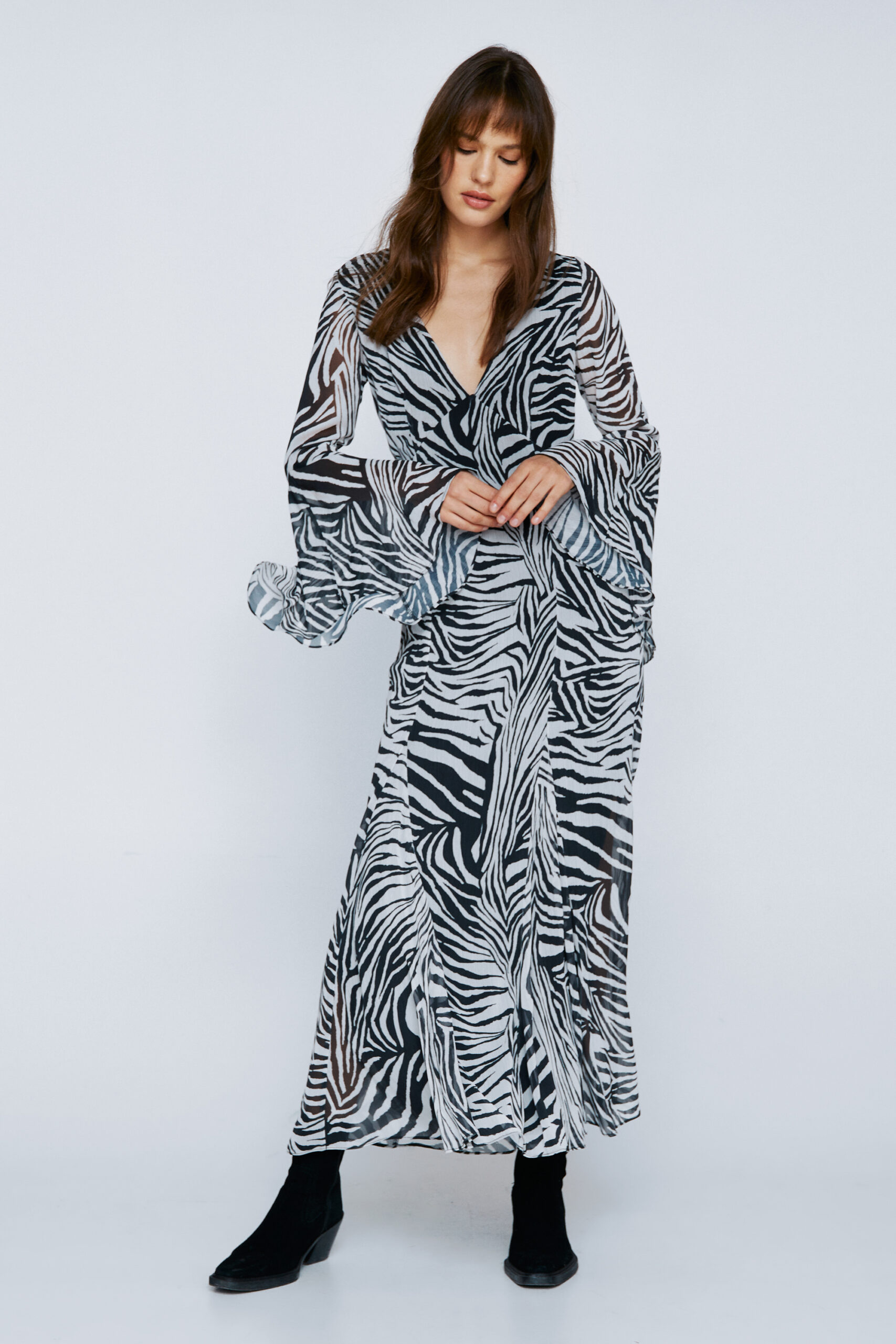 Animal Print Chiffon Long Sleeve Maxi Dress