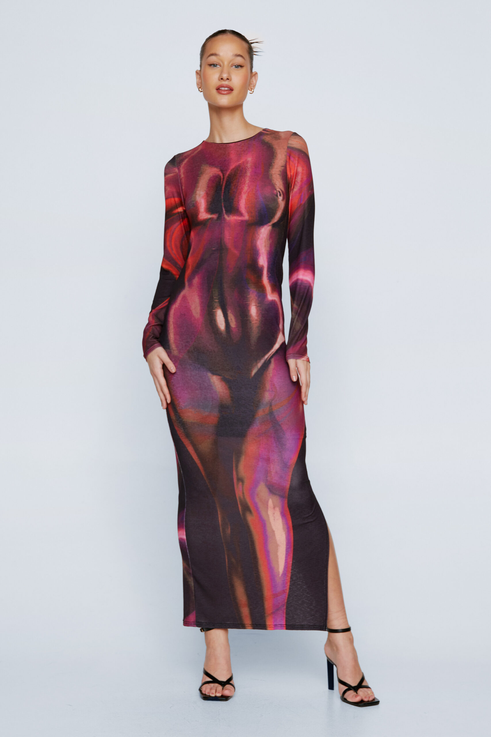 Body Print Long Sleeve Maxi Dress