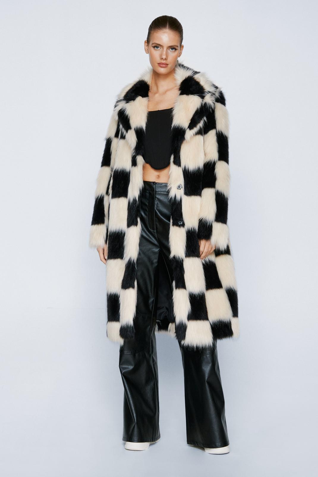 Premium Checkerboard Faux Fur Coat