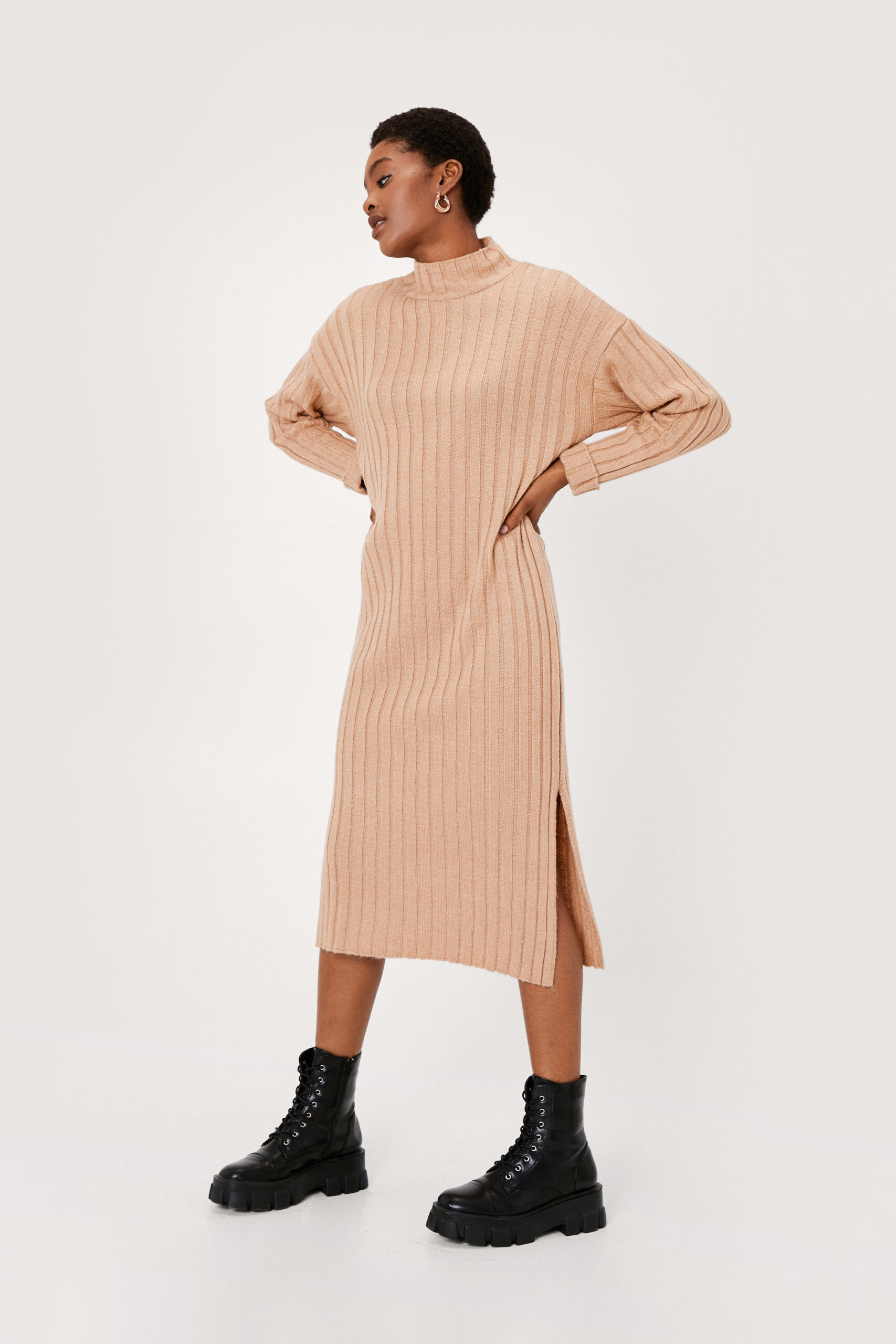 Wide Ribbed Turn Cuff Midi Sweater Dress 