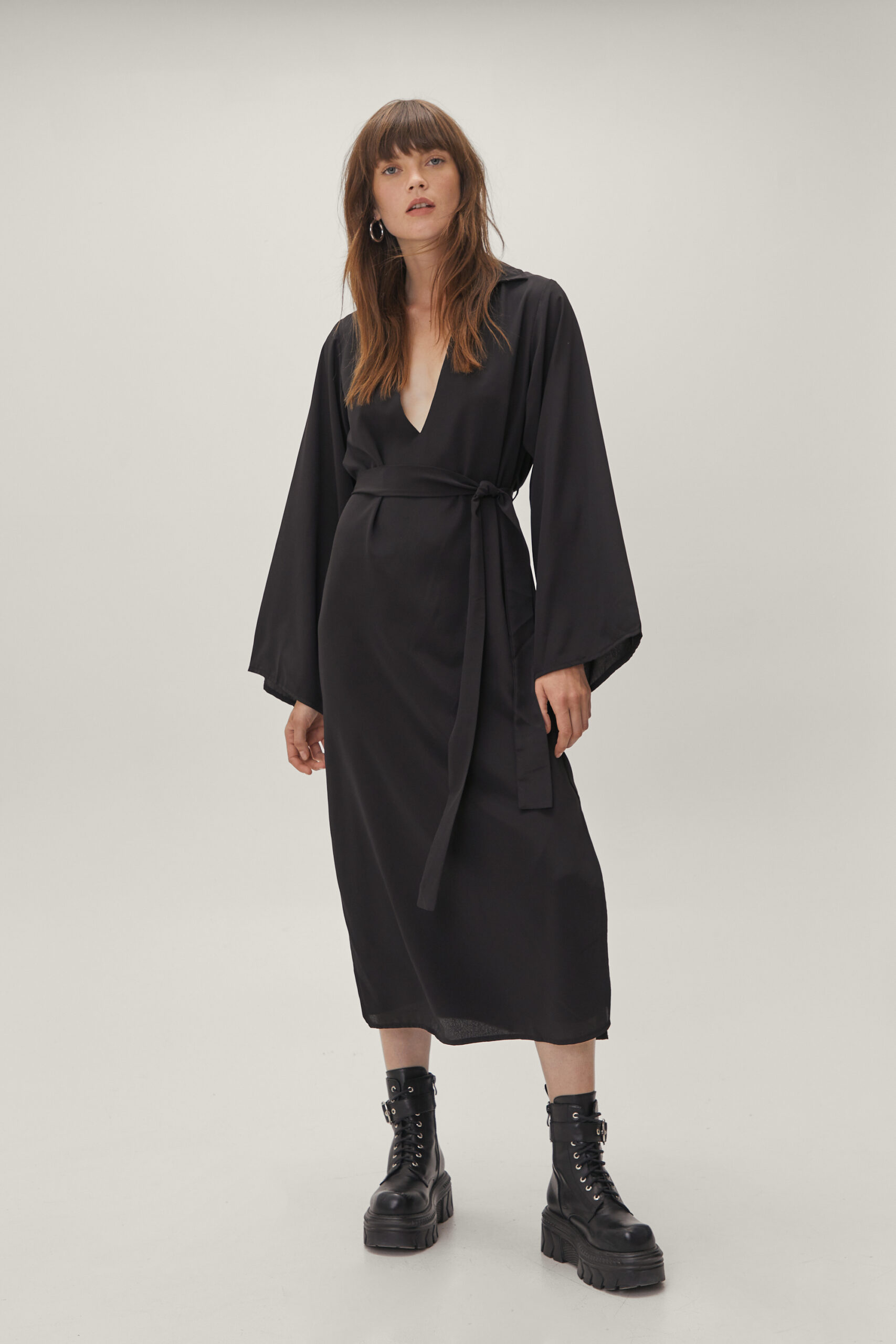 Collared Plunging Belted Midi Shirt Dress 
