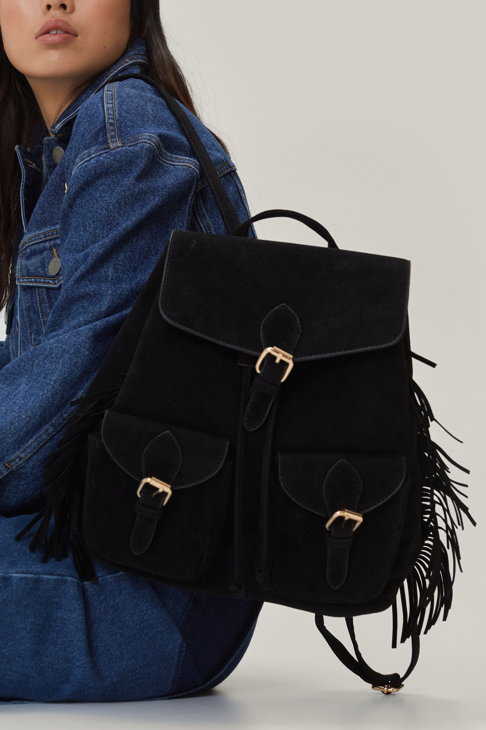 Faux Suede Fringed Backpack 