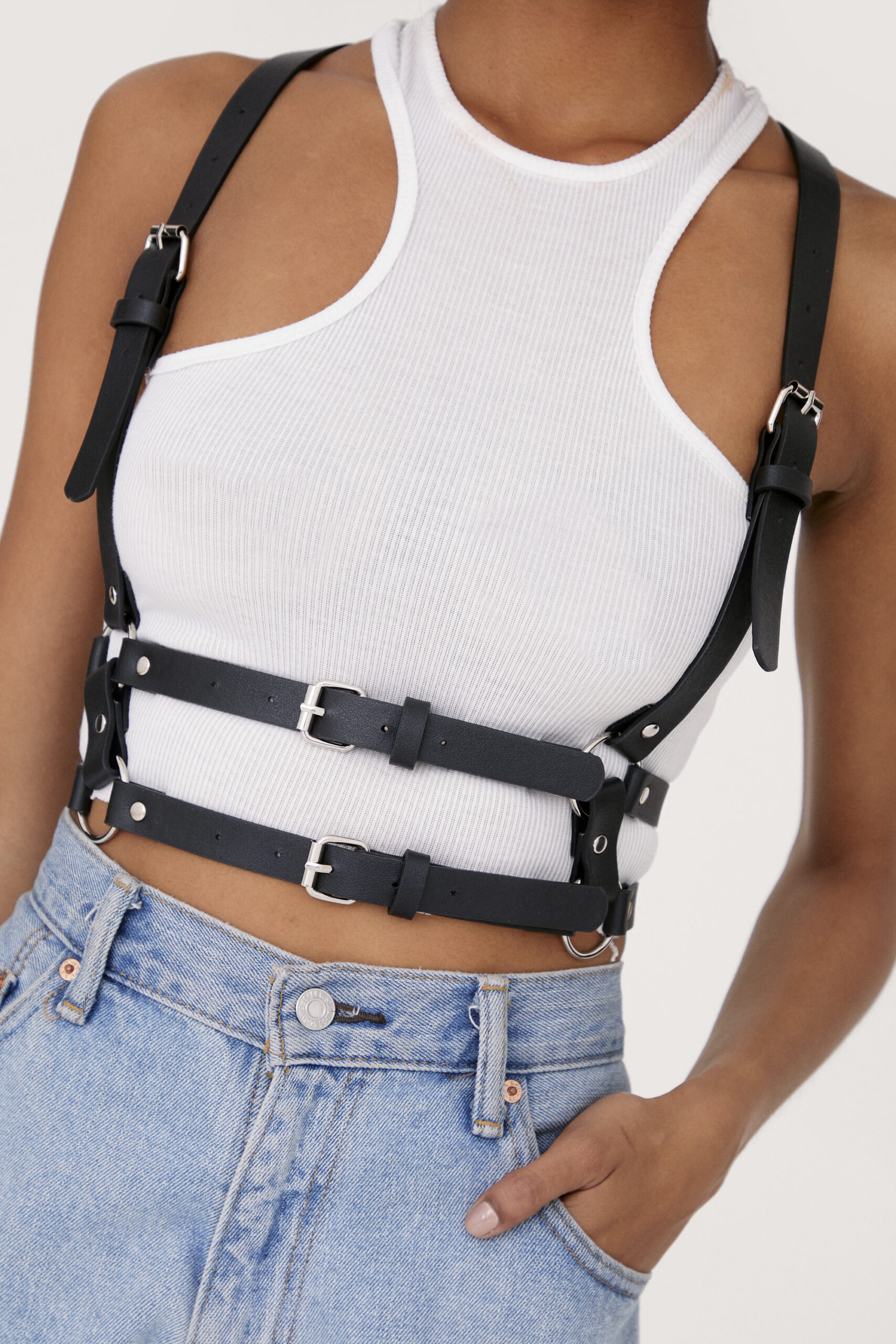 Faux Leather Croc O Ring Detail Harness Belt 
