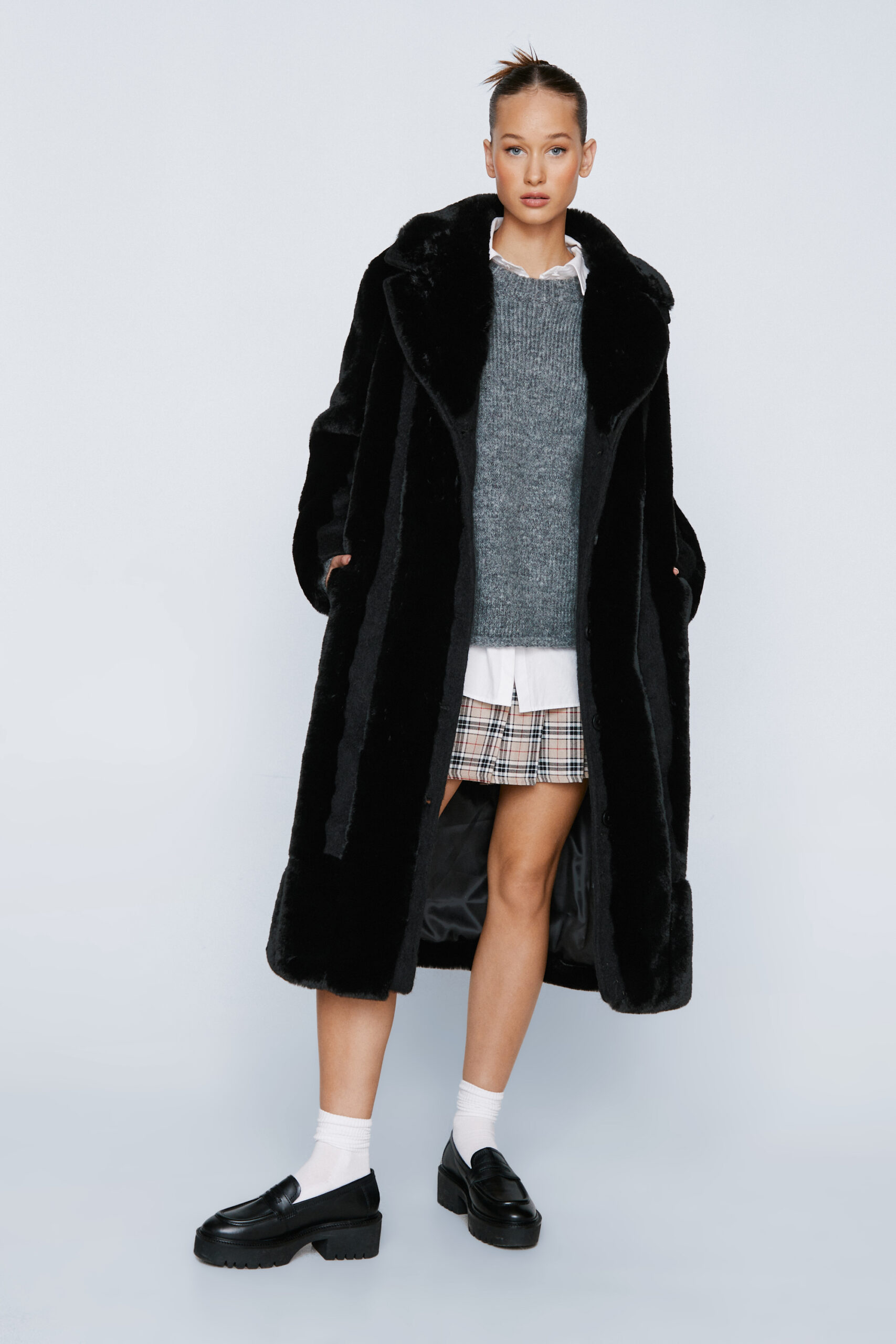 Petite Faux Fur Panelled Wool Coat 