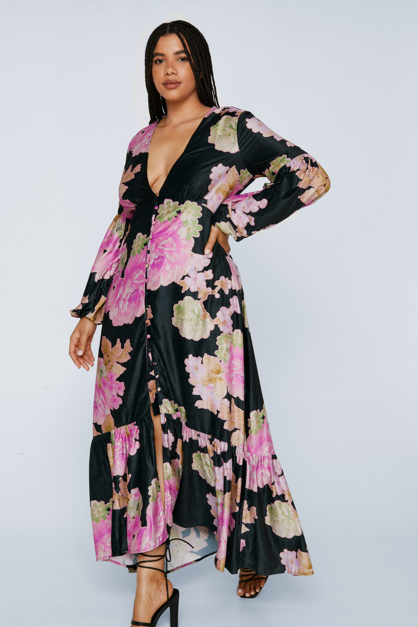 Plus Size Velvet Floral Button Front Maxi Dress 