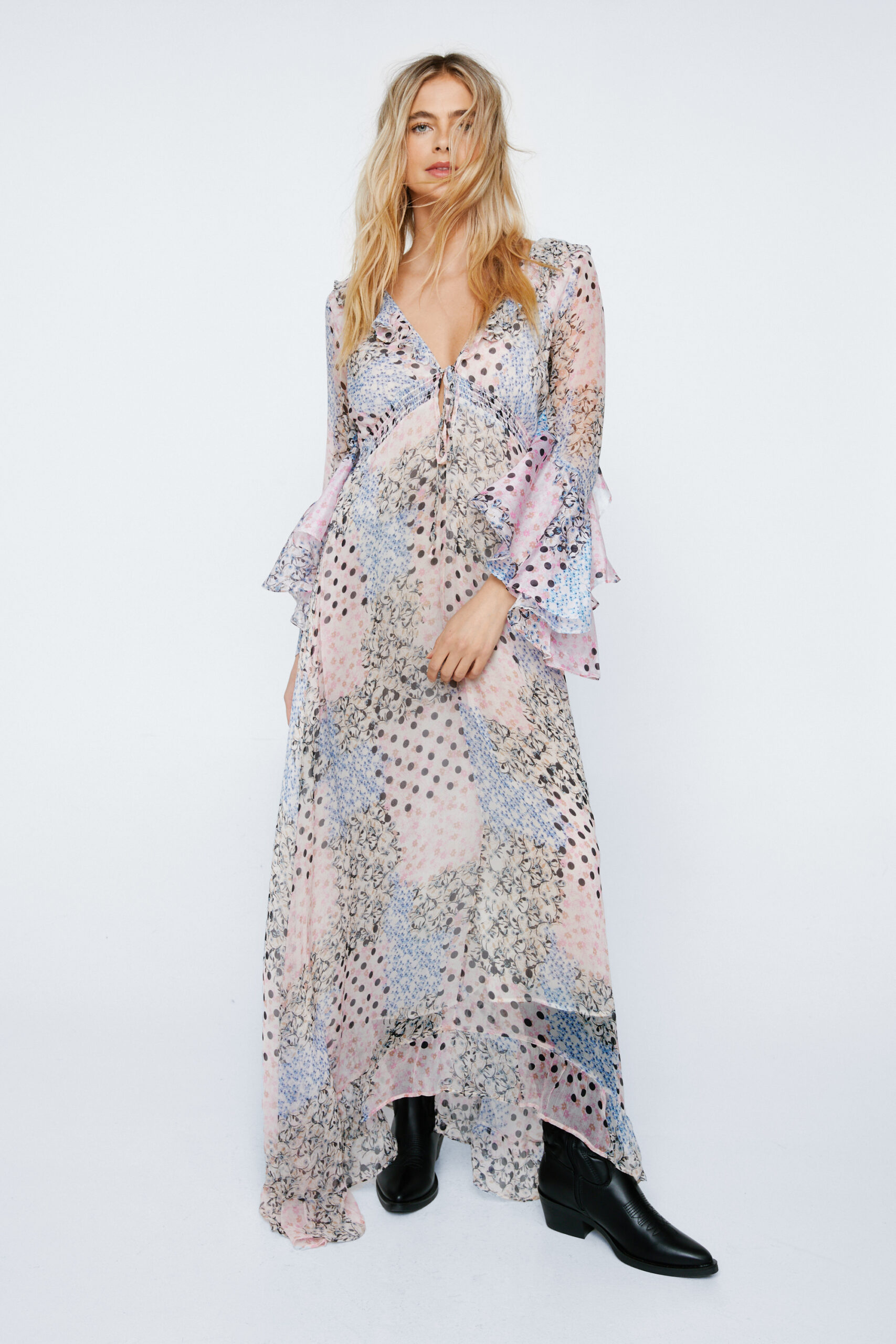 Chiffon Printed Ruffle Sleeve Maxi Dress