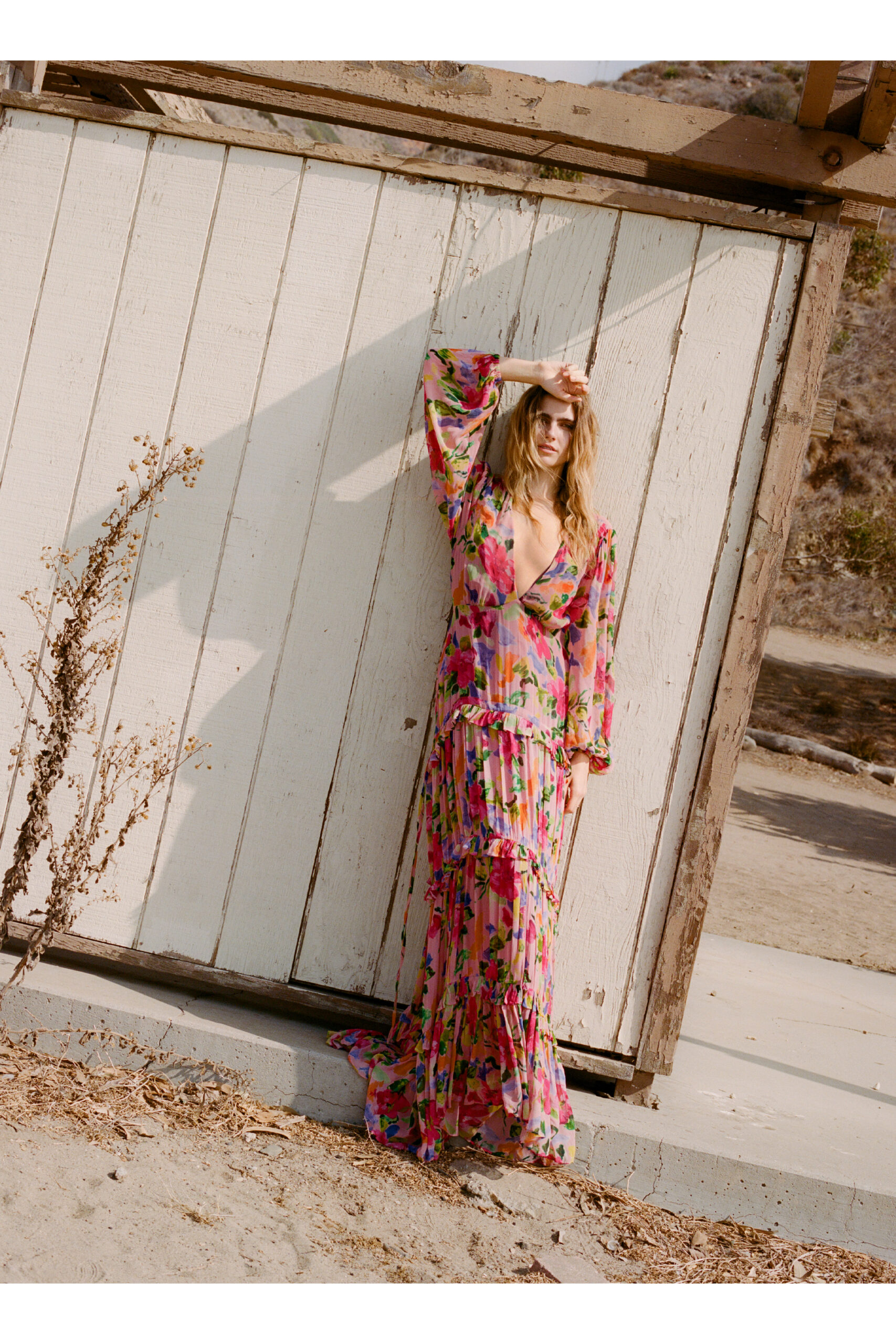 Tiered Floral Plunge Maxi Dress 