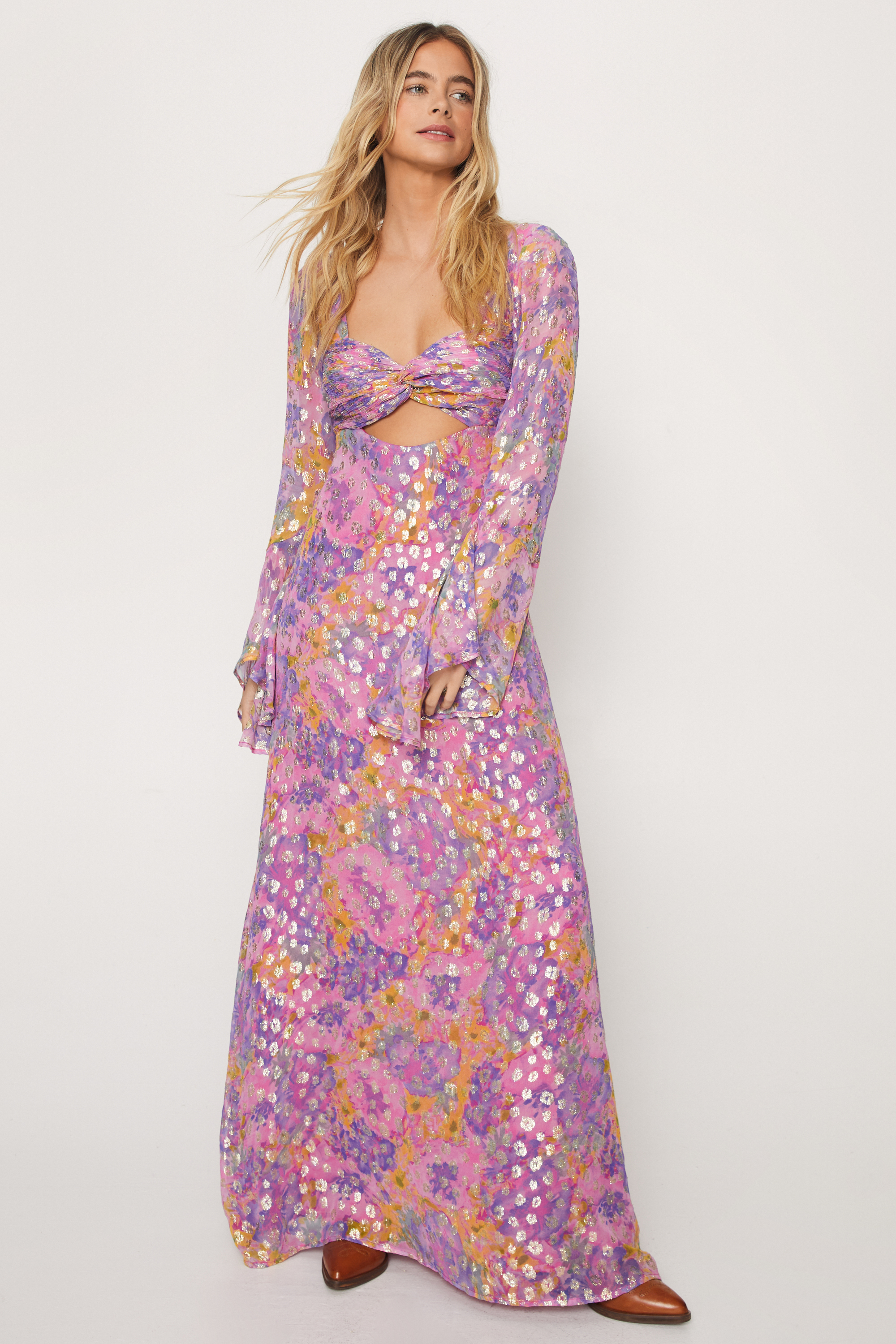 Floral Metallic Ruched Bust Maxi Dress