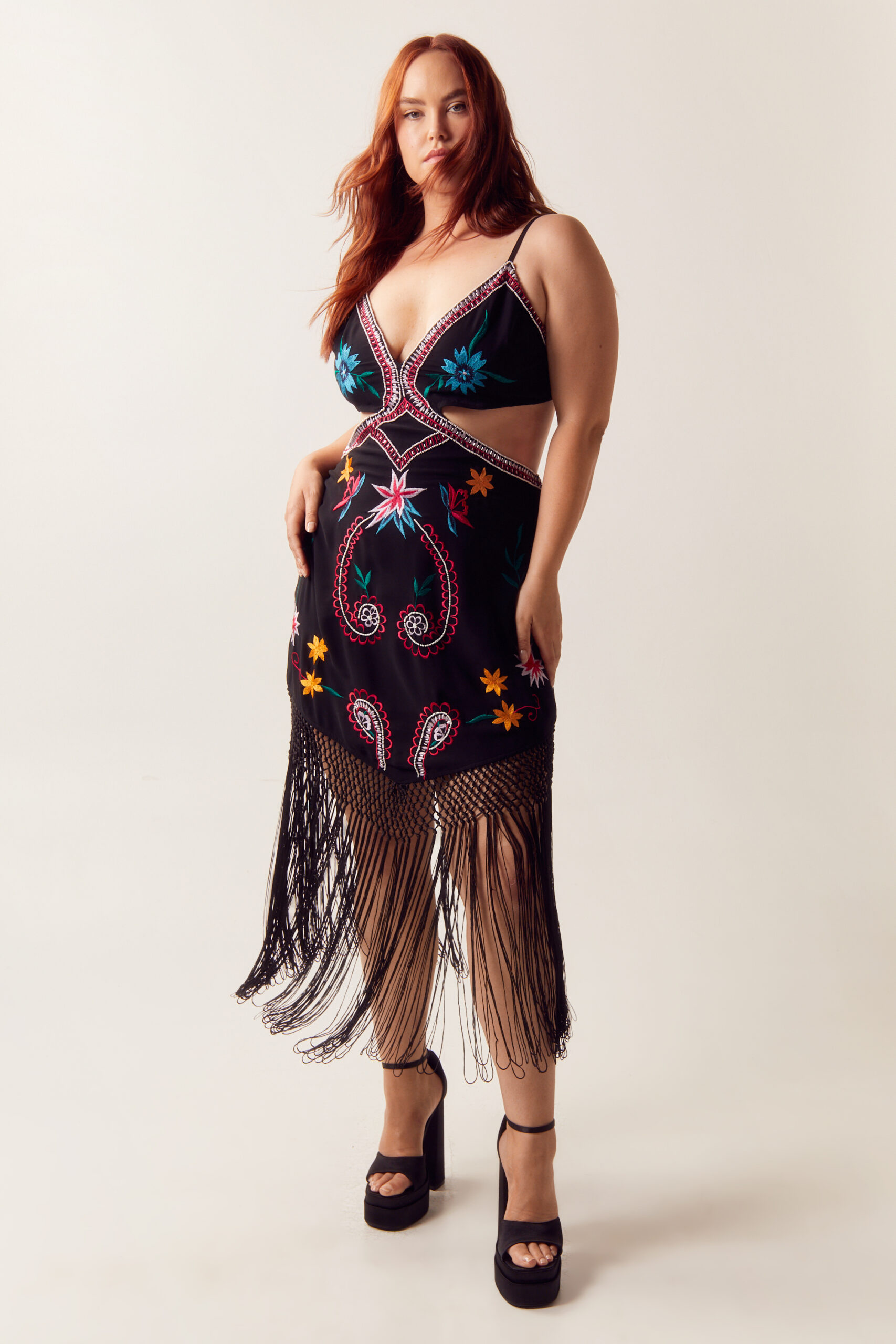 Plus Size Embroidered Fringe Cut Out Mini Dress