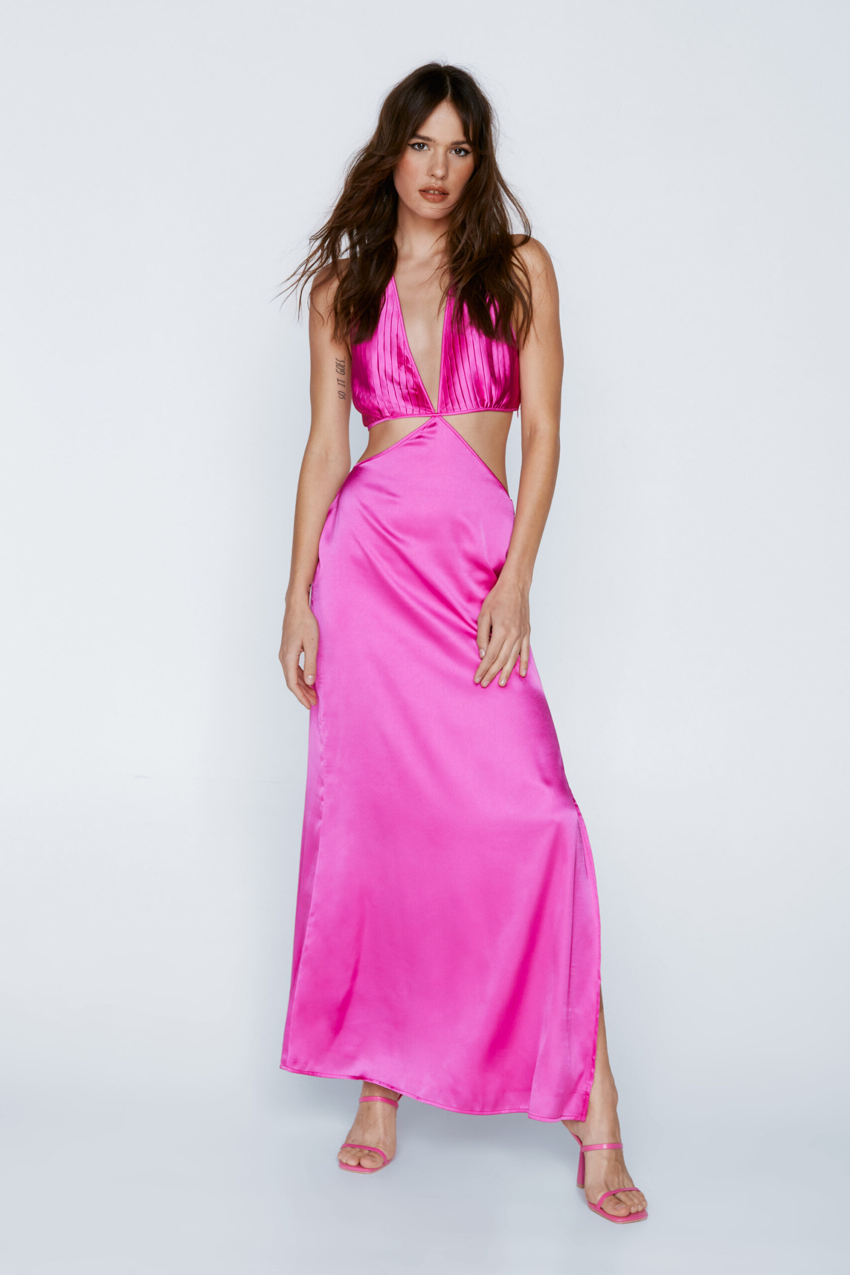 Pleated Bust Halter Cut Out Maxi Dress