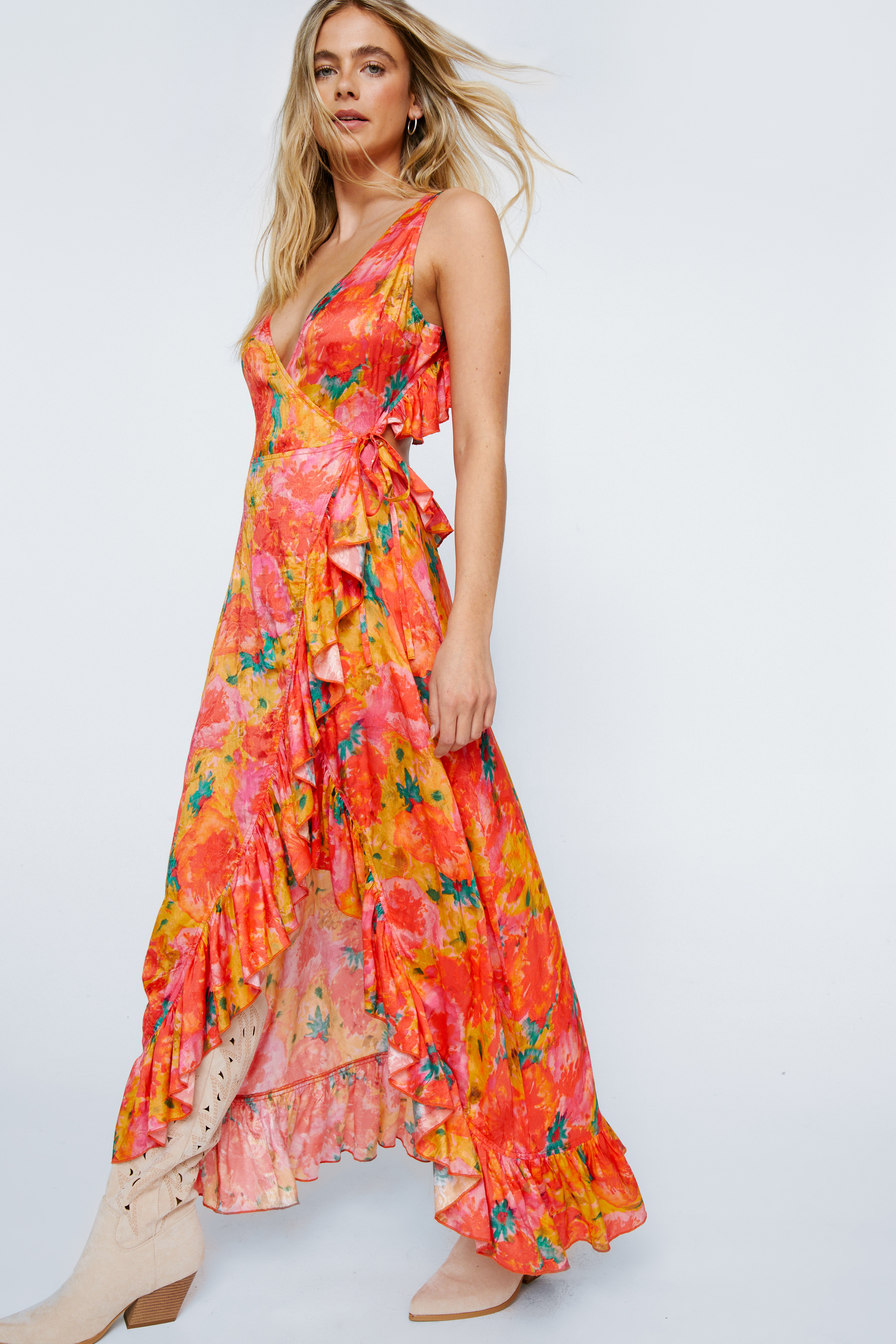 Floral Jacquard Wrap Plunge Maxi Dress