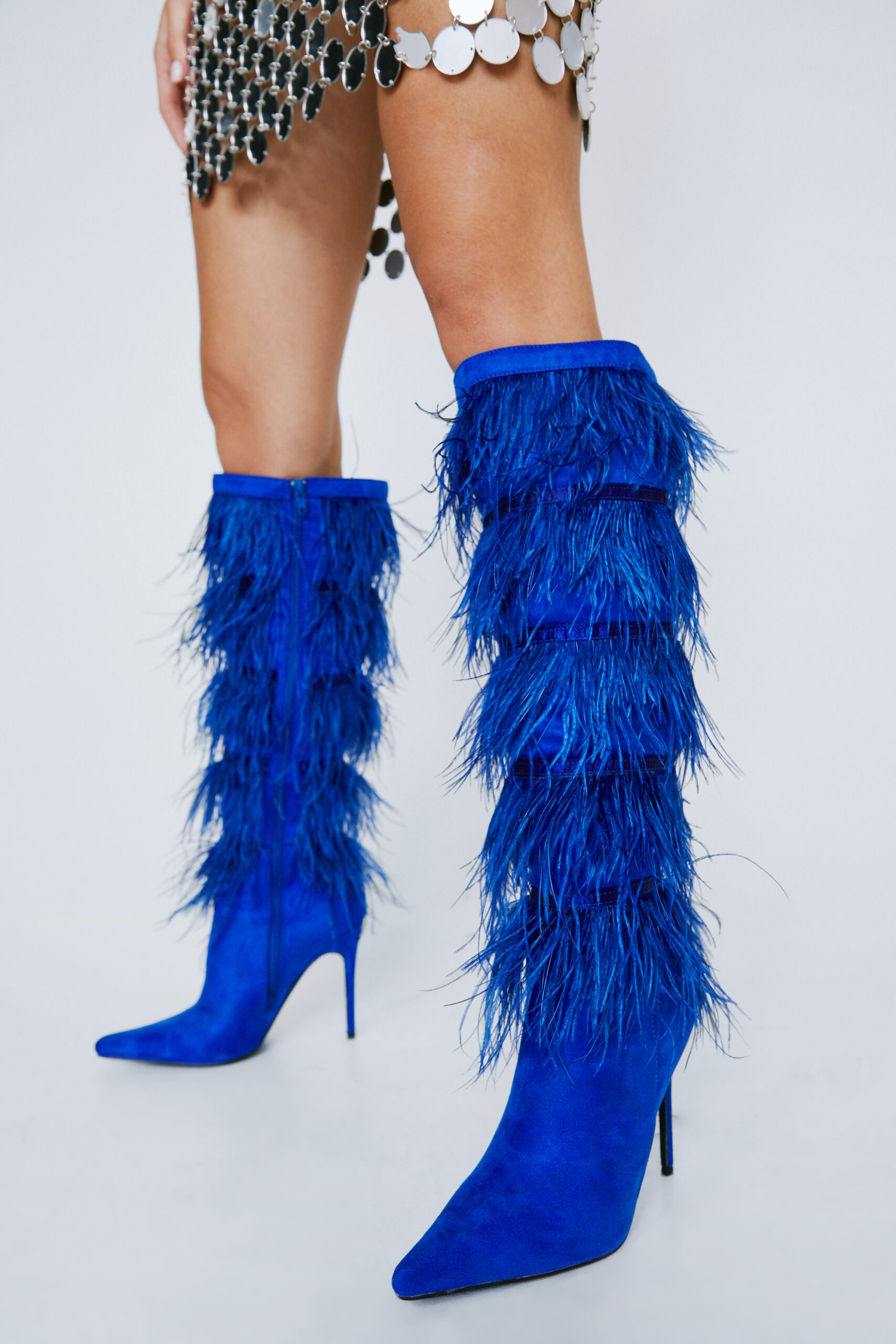 Feather Trim Knee High Boots