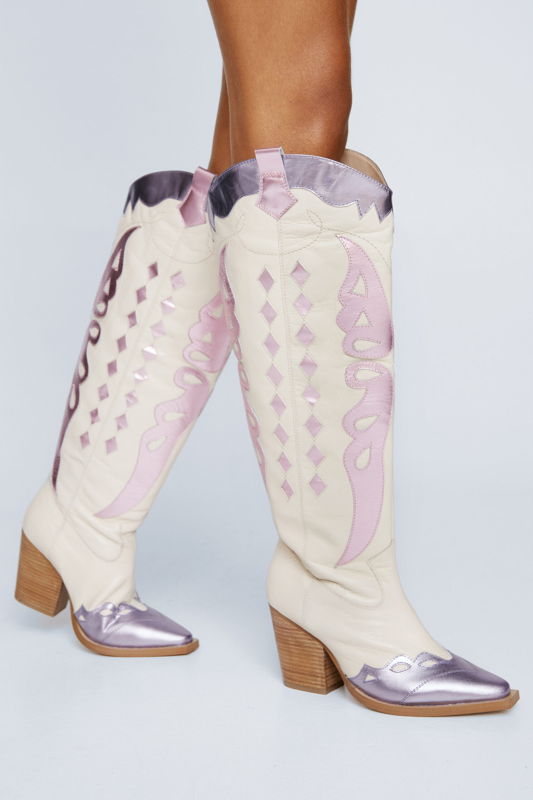 Leather Metallic Butterfly Knee High Western Boot 