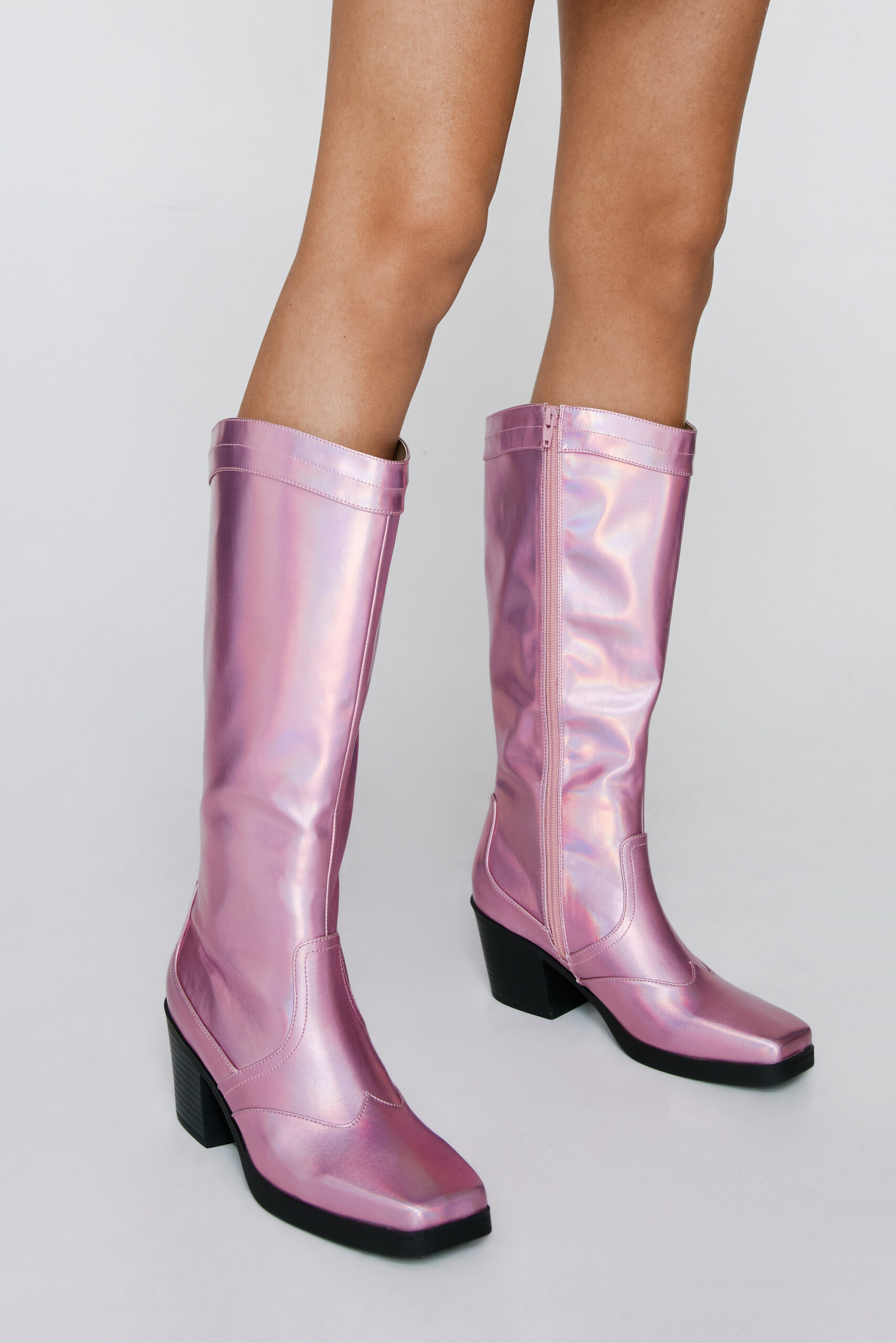 Faux Leather Metallic Square Toe Cowboy Boots