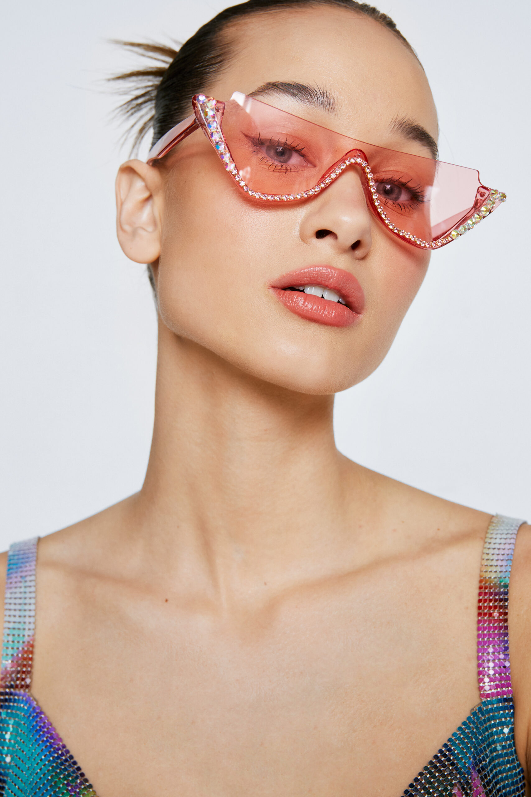Embellished Cateye Colored Lense Sunglasses