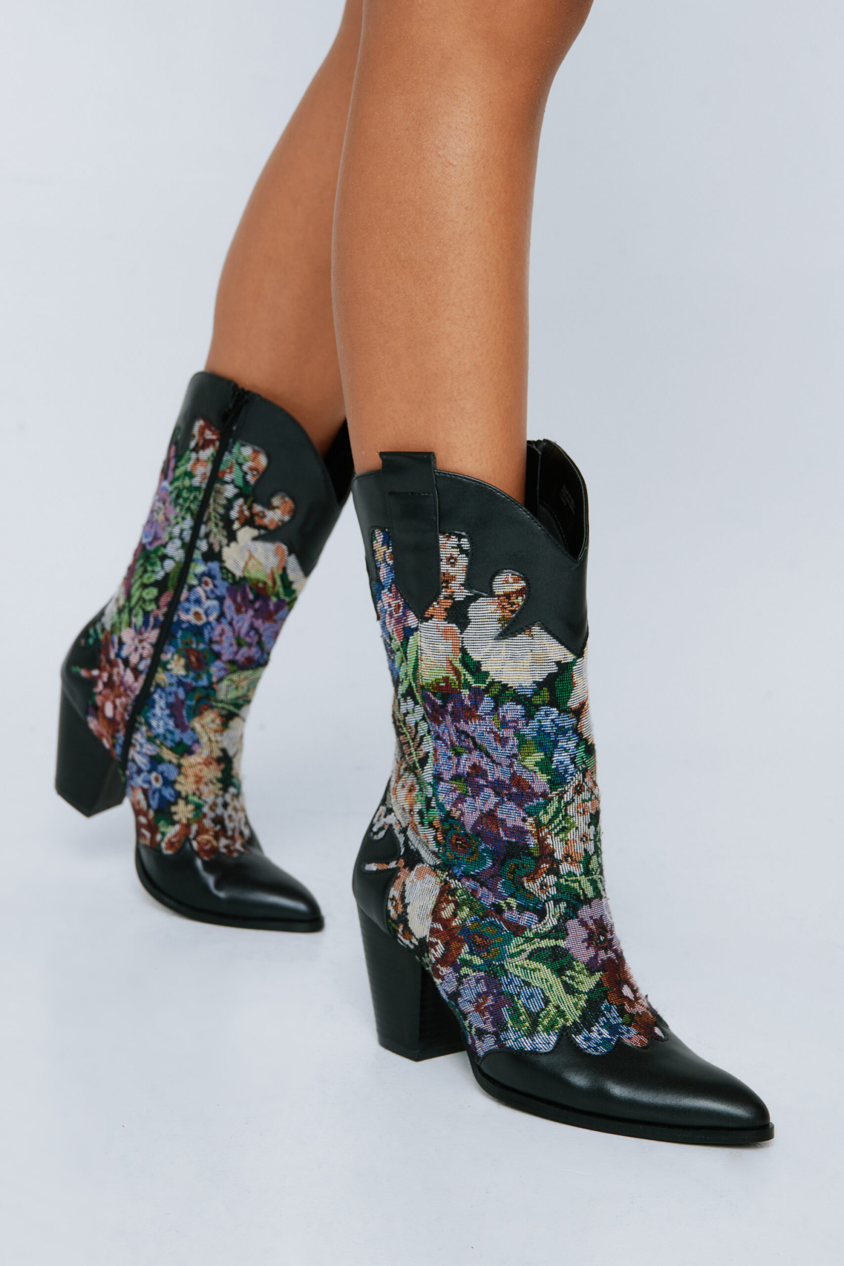 Faux Leather Floral Embroidered Westerns Boot