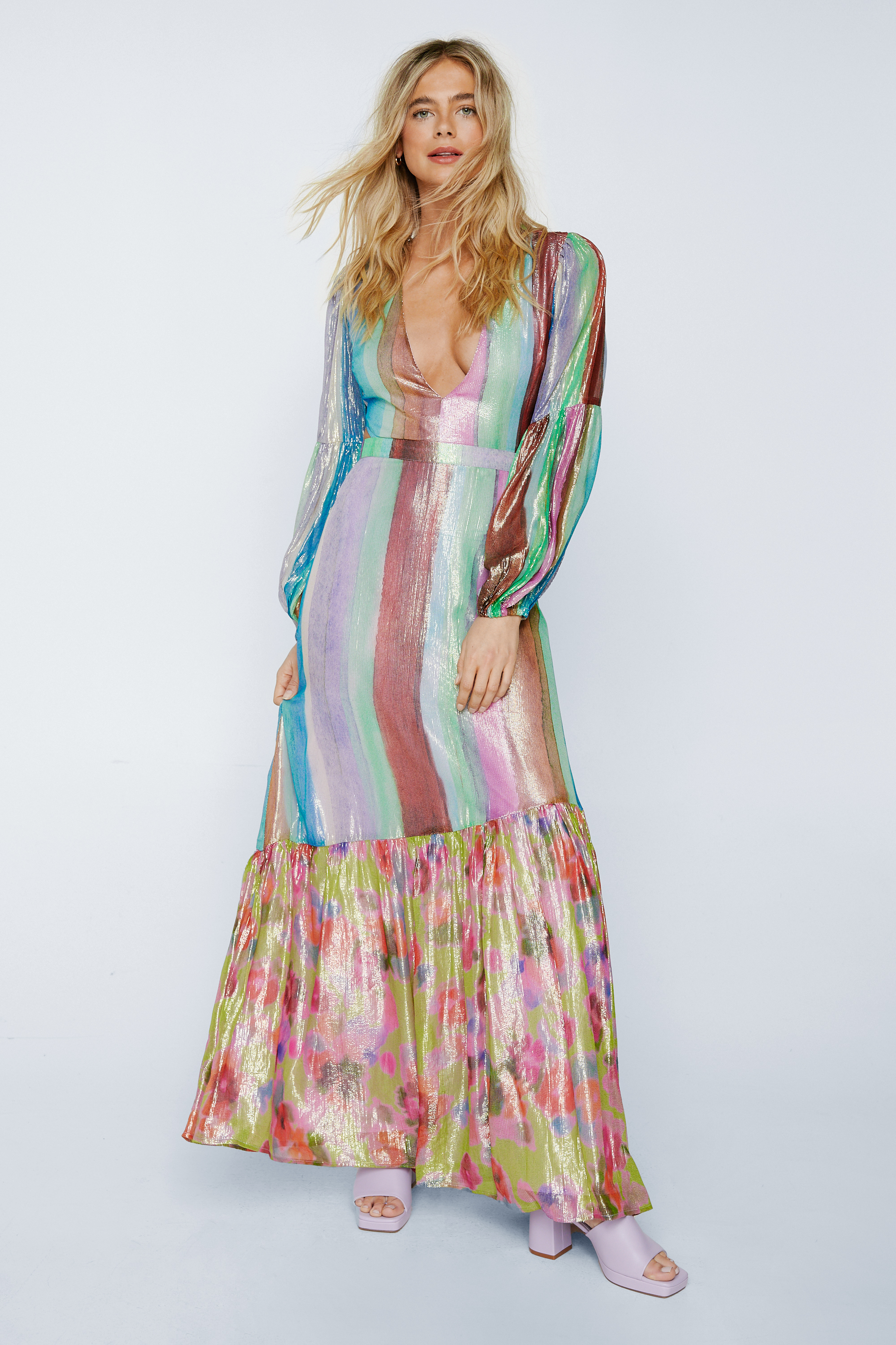 Petite Floral Border Print Open Back Metallic Maxi Dress