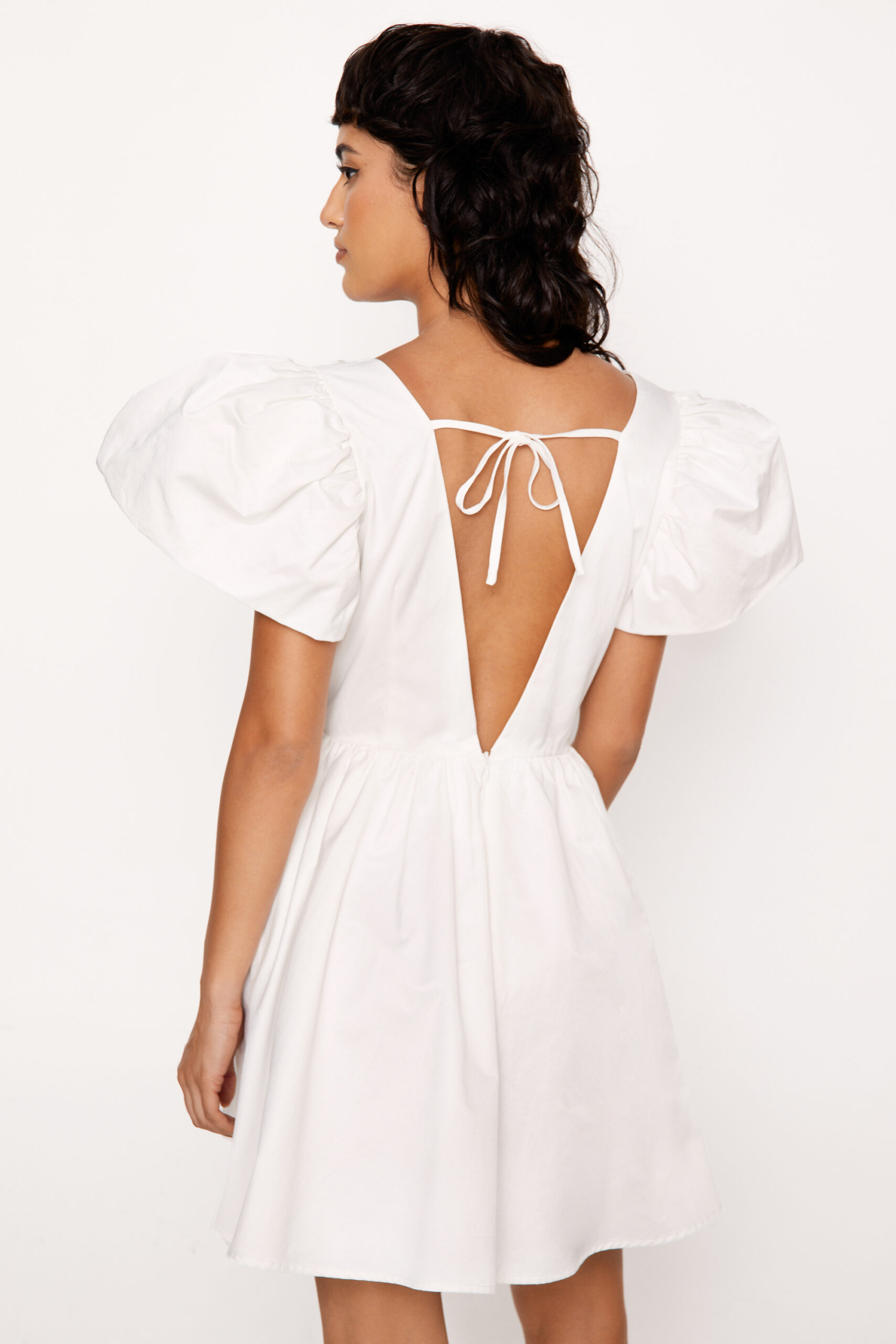 Premium Poplin Puff Sleeve Plunge Mini Dress