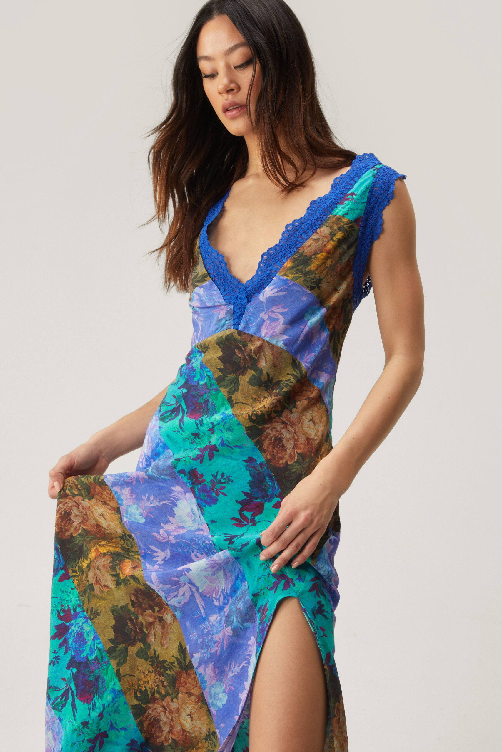 Floral Stripe Plunge Lace Trim Maxi Dress