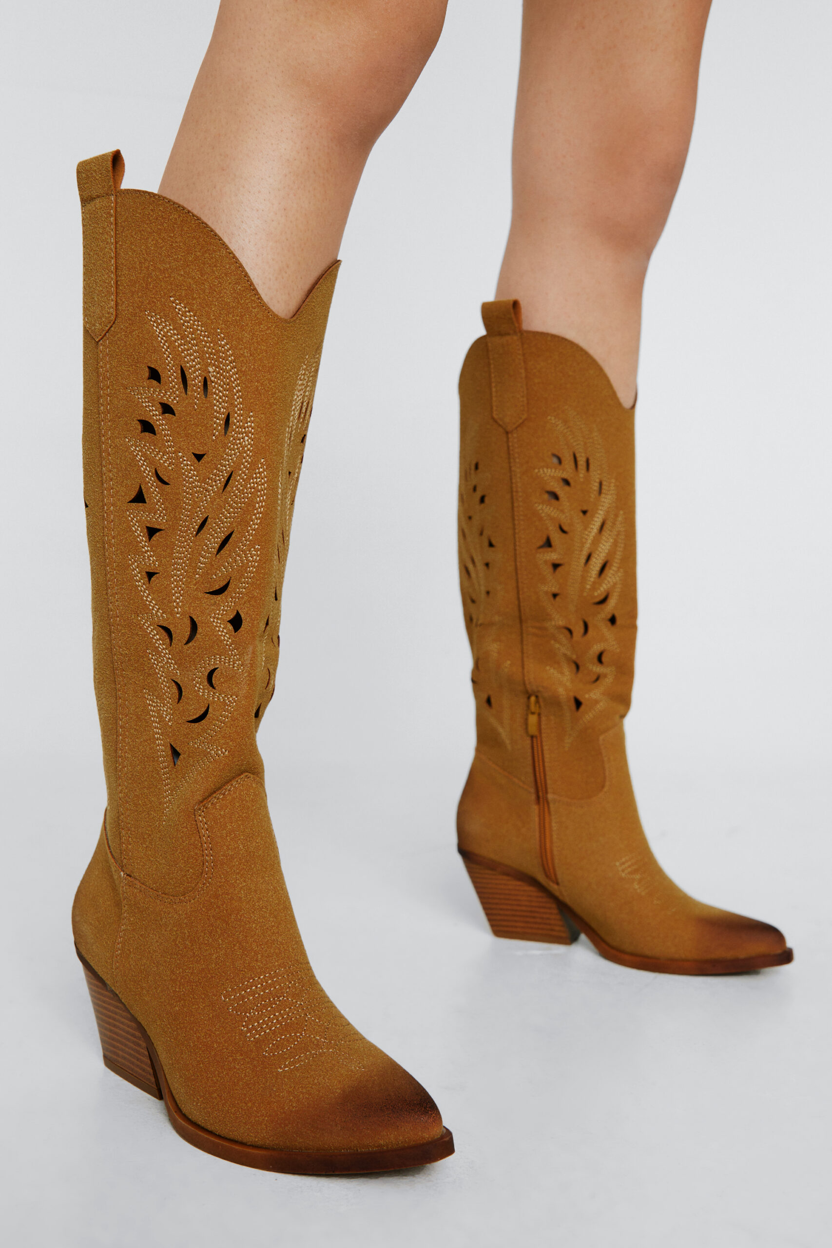 Faux Suede Burnished Knee High Cowboy Boot