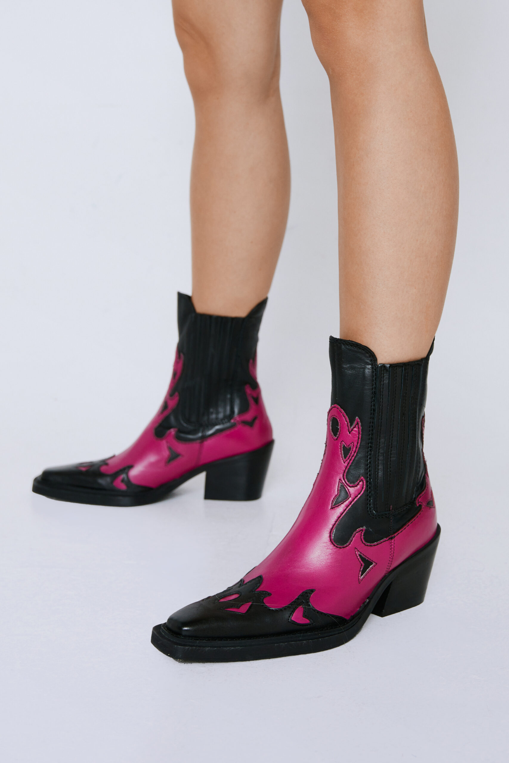 Real Leather Contrast Ankle Western Boots
