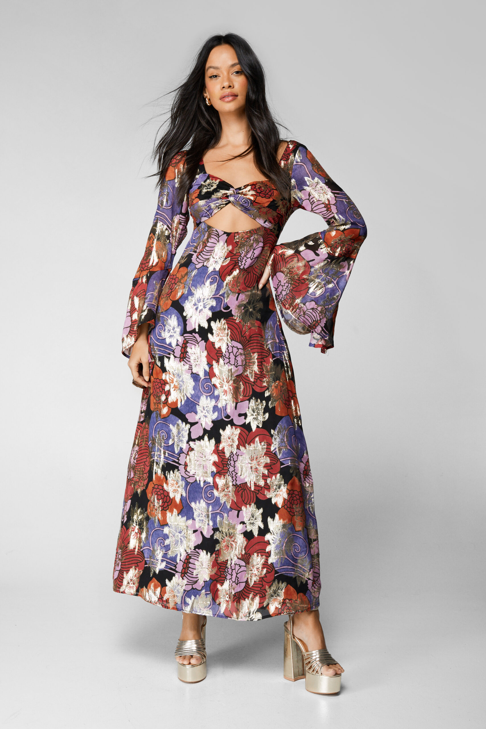 Floral Metallic Ruched Bust Maxi Dress