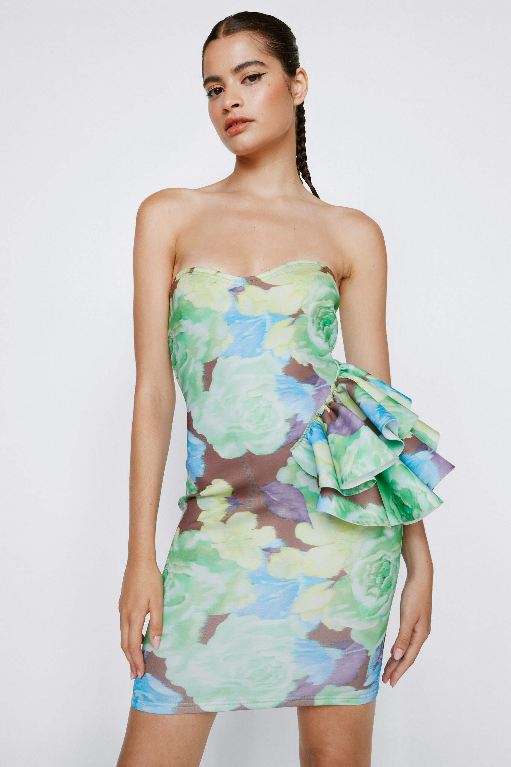 Floral Print Structured Ruffle Mini Dress