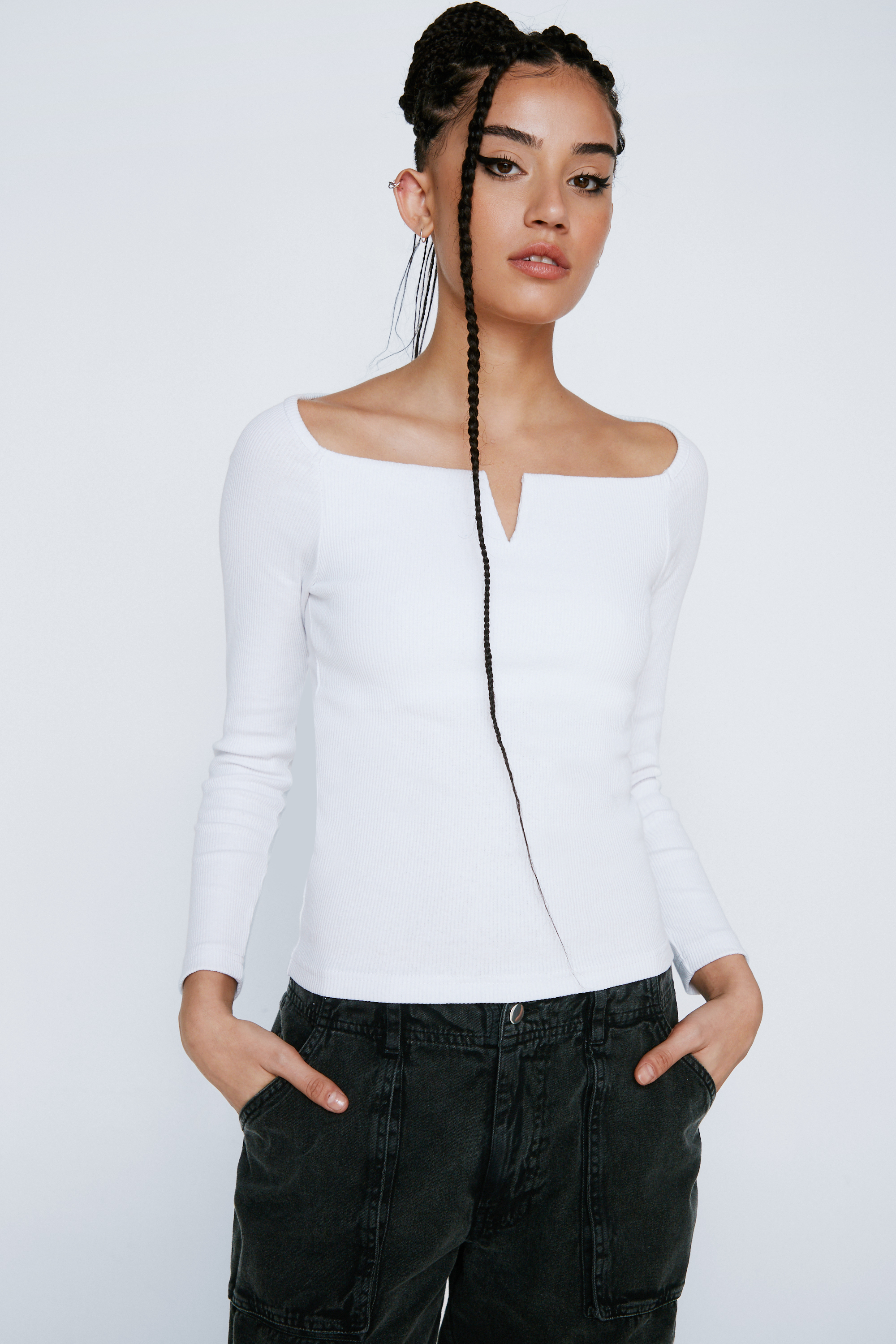 Notched V Neck Ribbed Long Sleeve Top